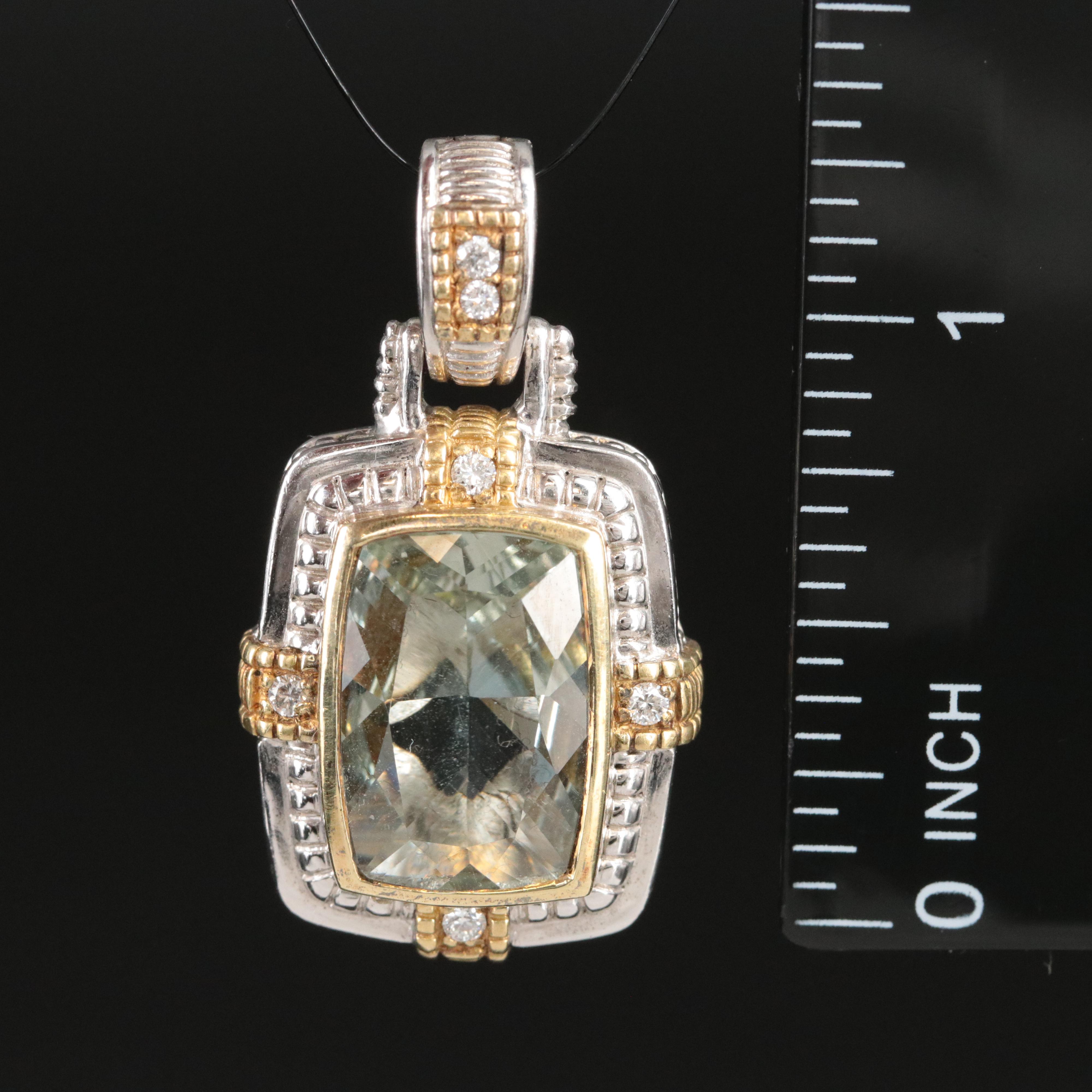Judith Ripka Sterling Prasiolite and Diamond Enhancer Pendant with 18K Accents
