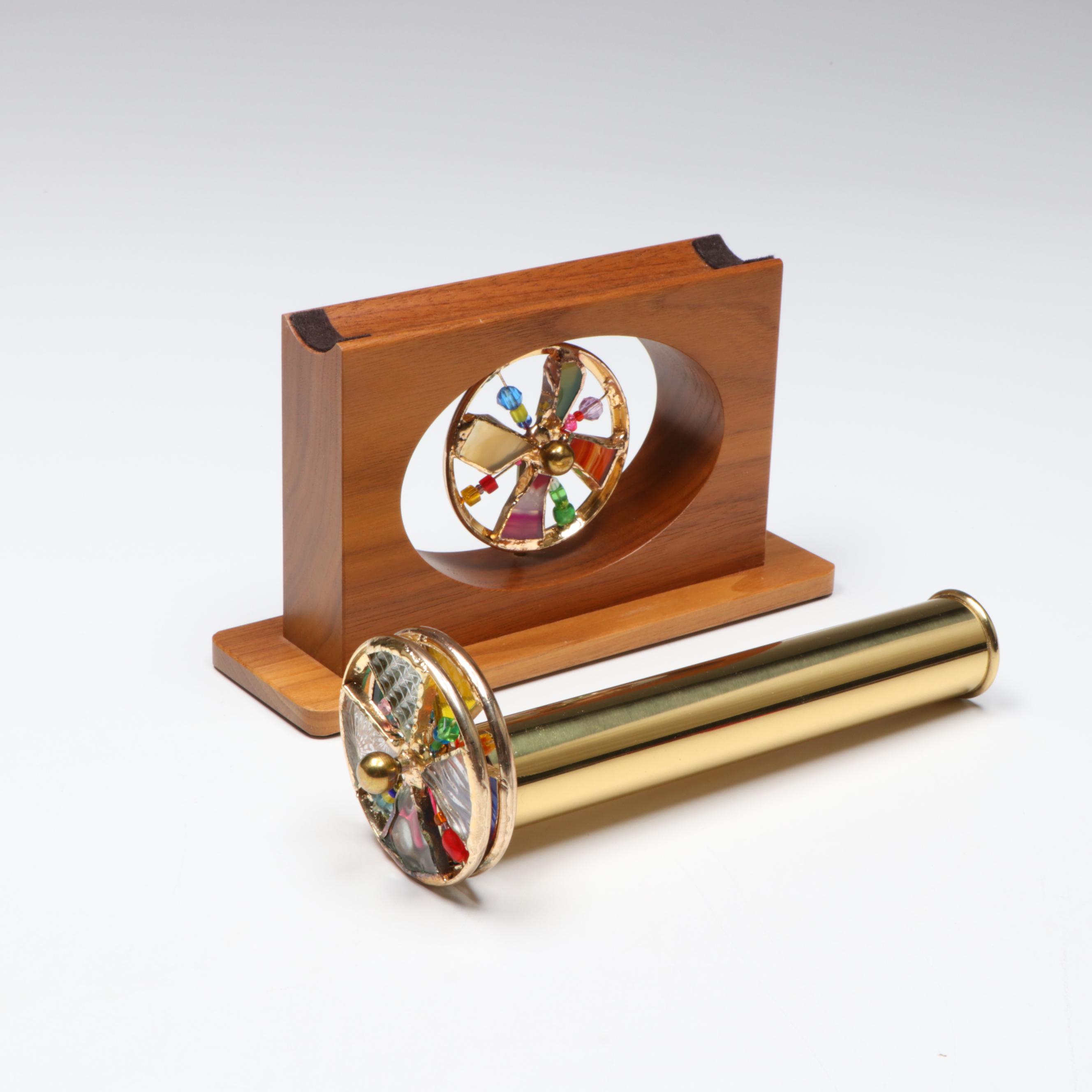 Sheryl Koch Brass Turning Wheel Kaleidoscope on Wood Stand, 2006