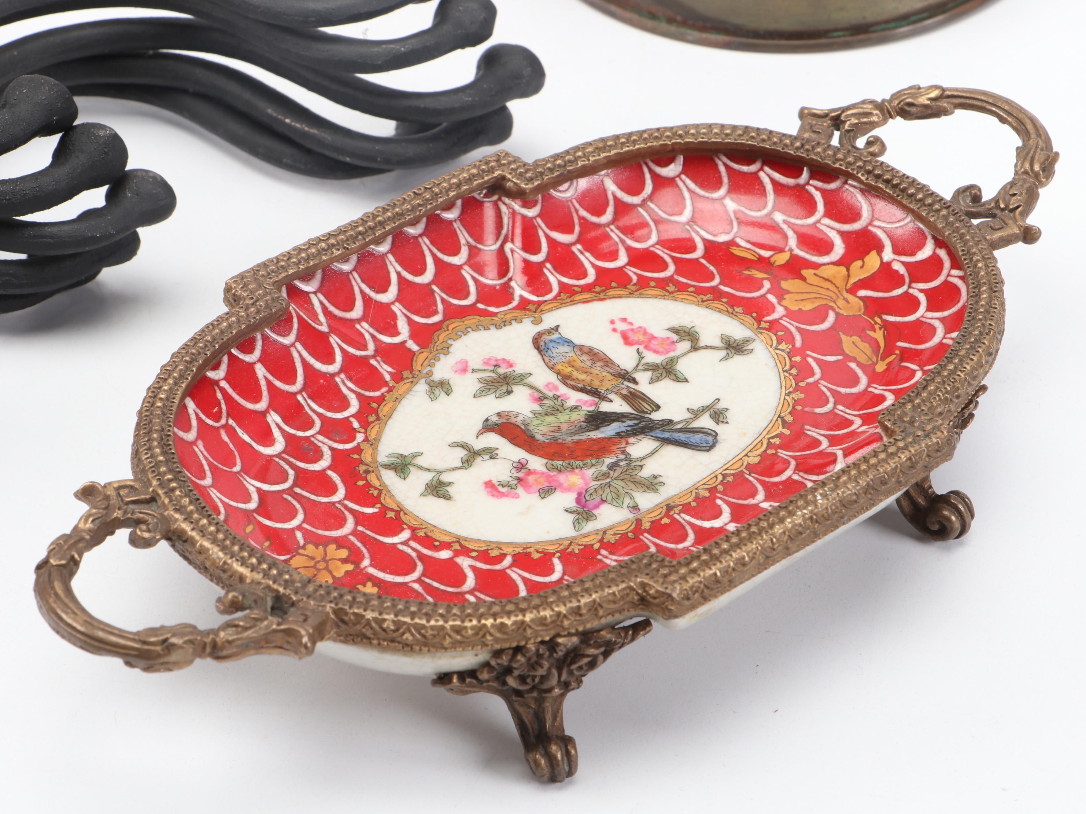 Wong Li Porcelain Ormolu Mount Tray, Toleware Candlestick Lamps, Coat Hooks