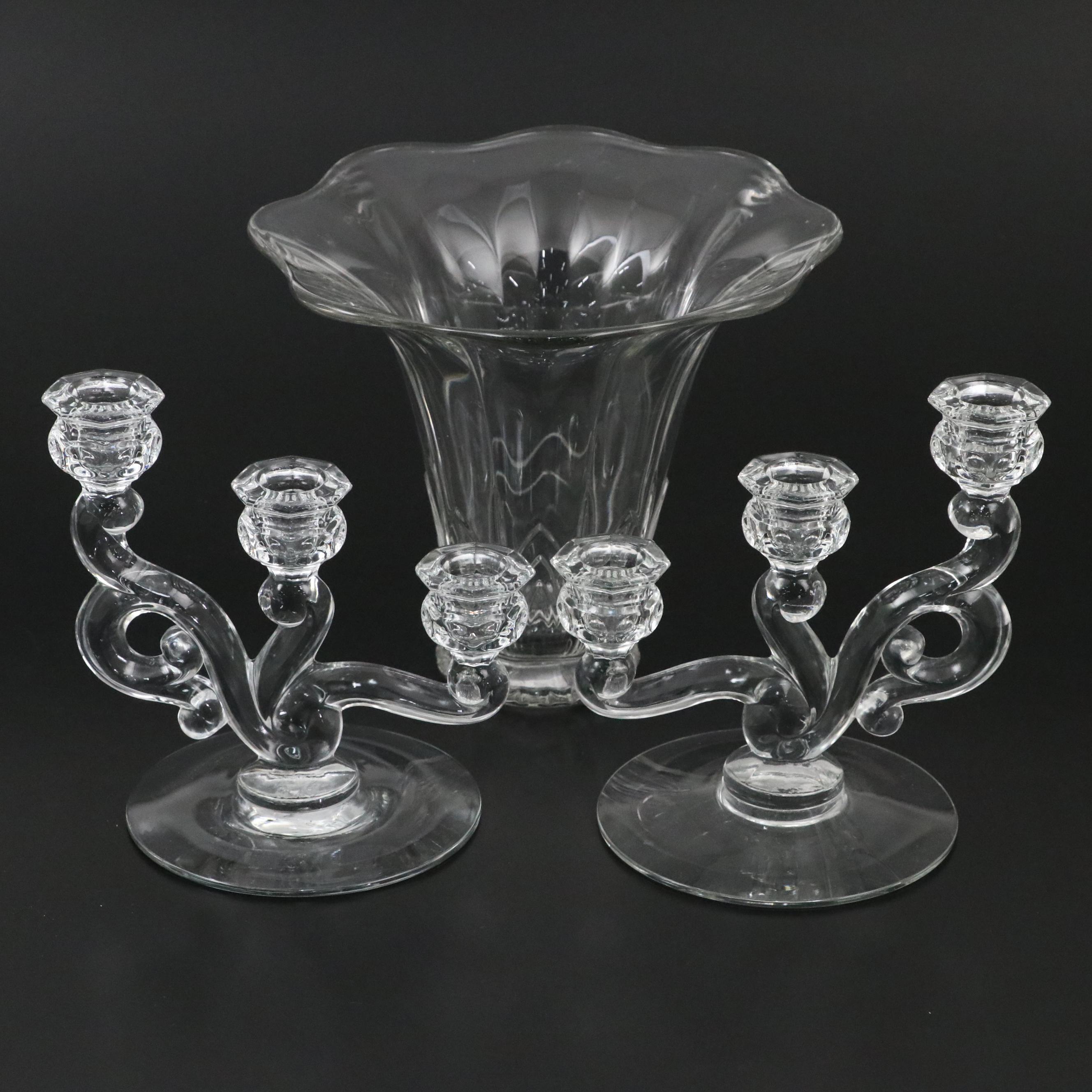 Heisey "Orchid" Three-Arm Candlesticks with Trumpet Bouquet Vase