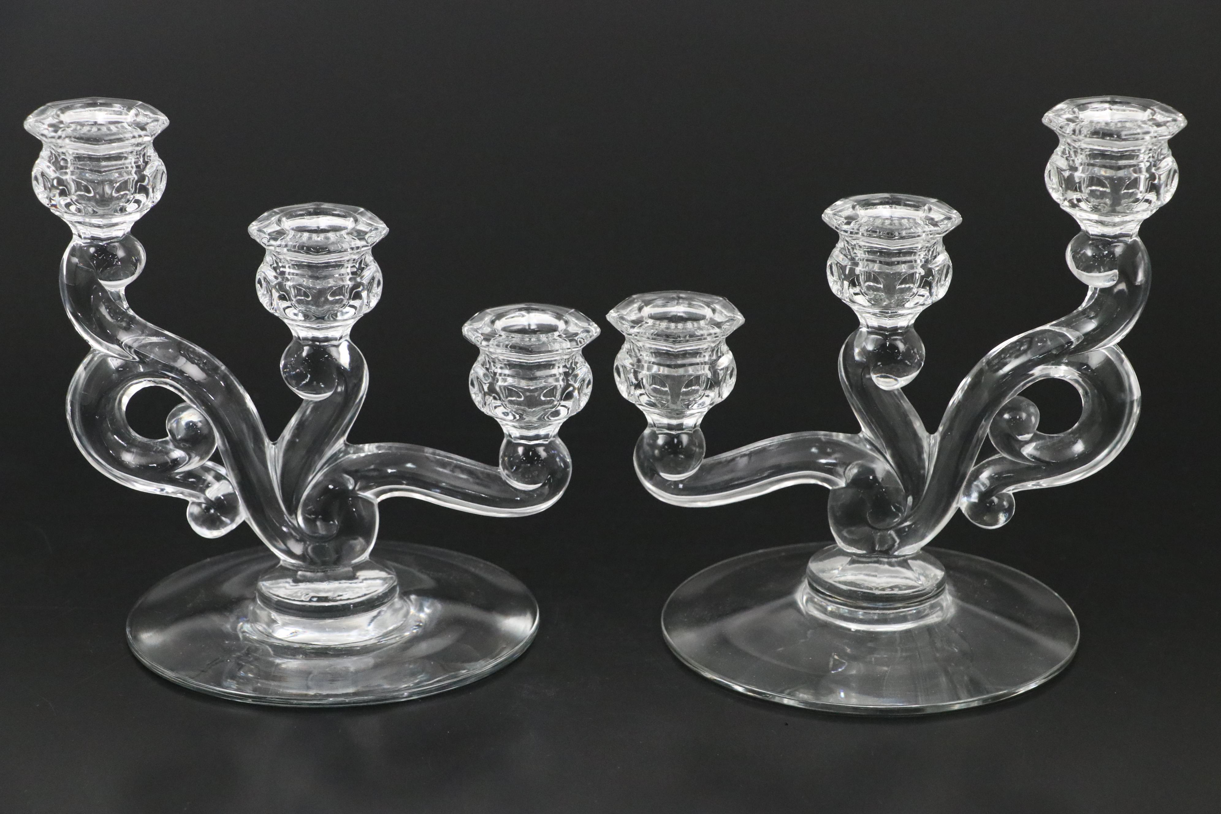 Heisey "Orchid" Three-Arm Candlesticks with Trumpet Bouquet Vase