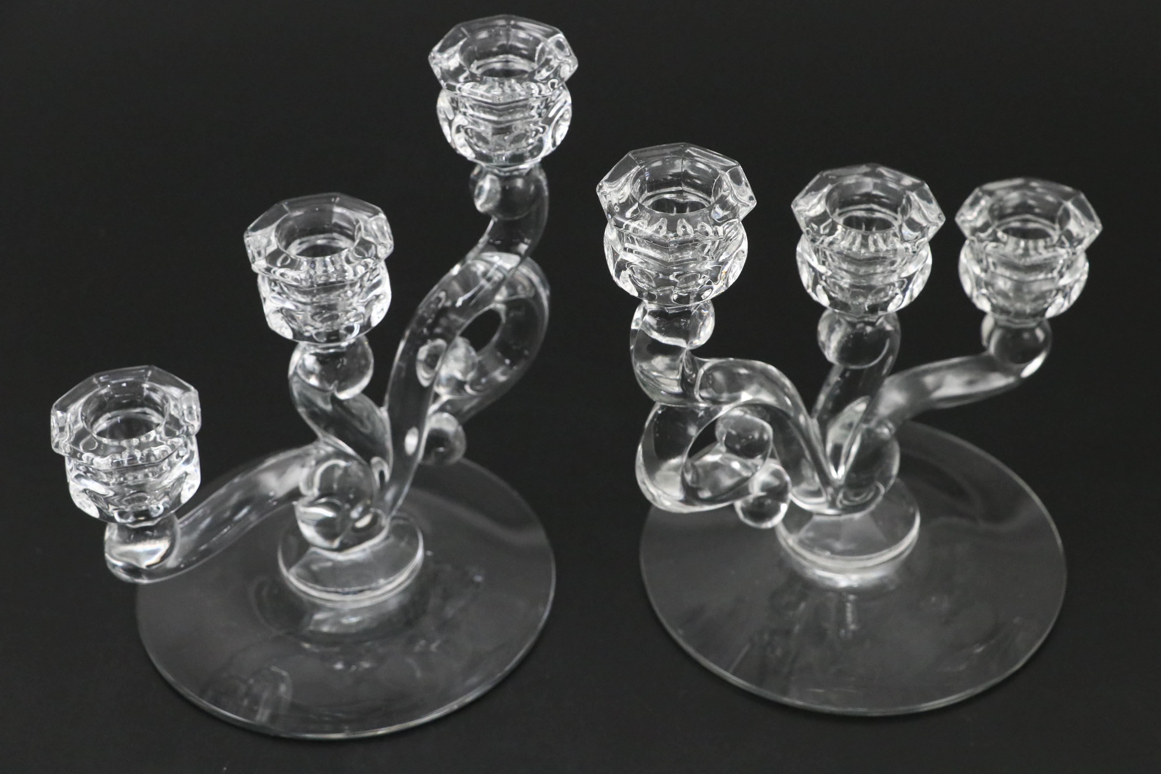 Heisey "Orchid" Three-Arm Candlesticks with Trumpet Bouquet Vase