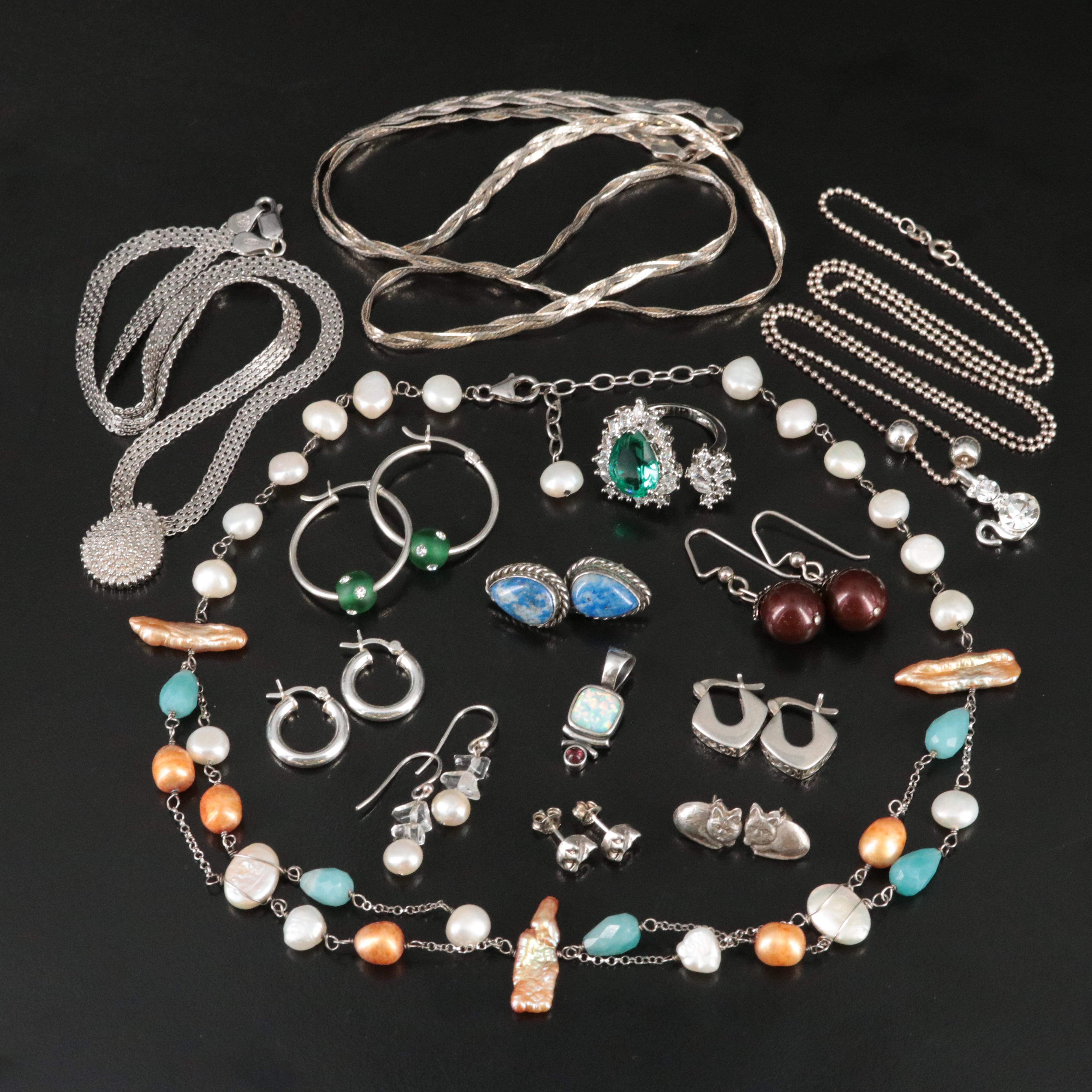 Sterling Gemstone Jewelry Collection Including Pearl, Diamond and Lapis Lazuli