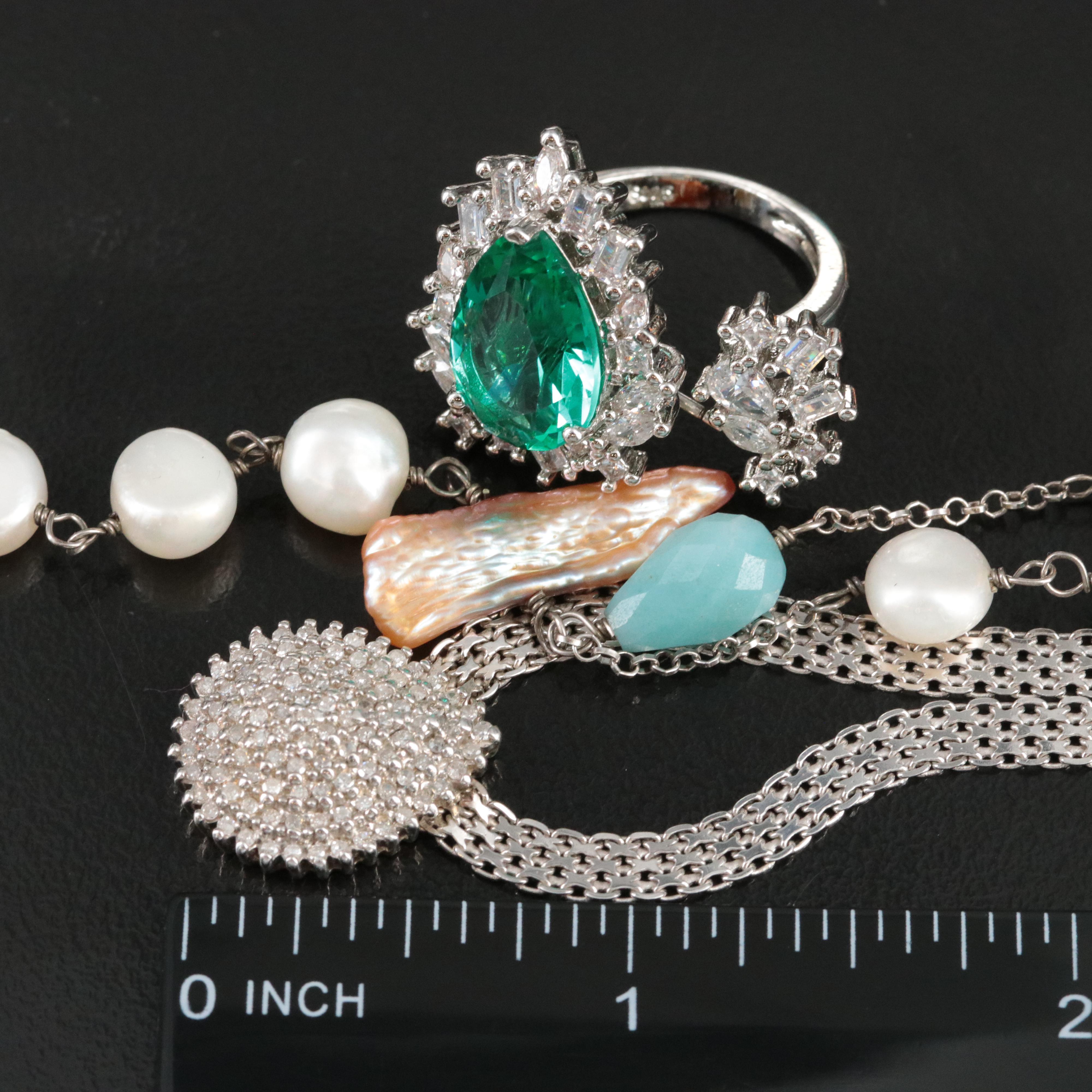 Sterling Gemstone Jewelry Collection Including Pearl, Diamond and Lapis Lazuli