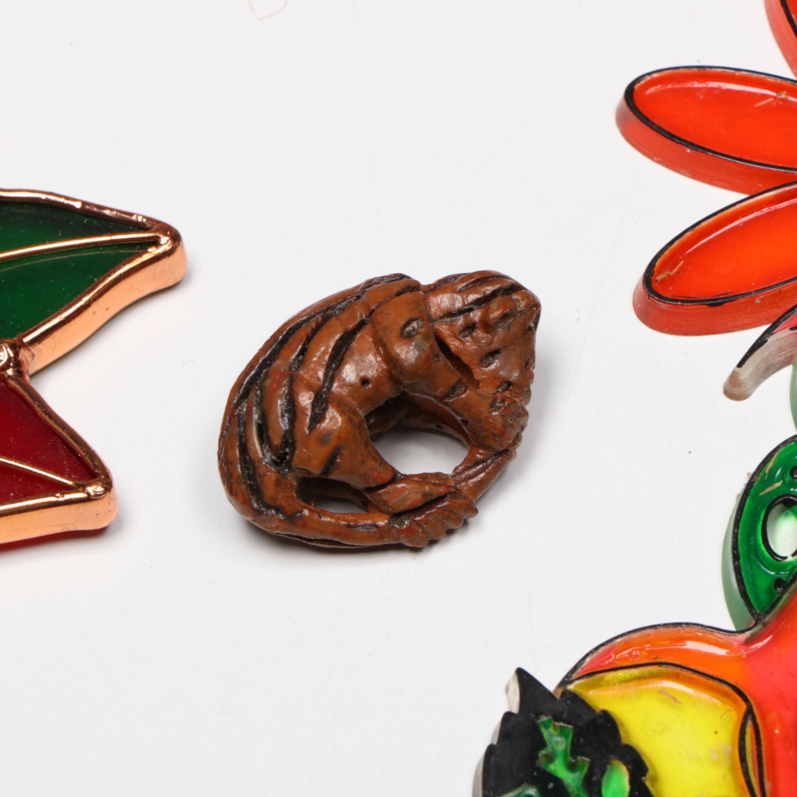 Carved Peach Pit Monkey with Glass and Wire Snail Wind Chime and Other Décor