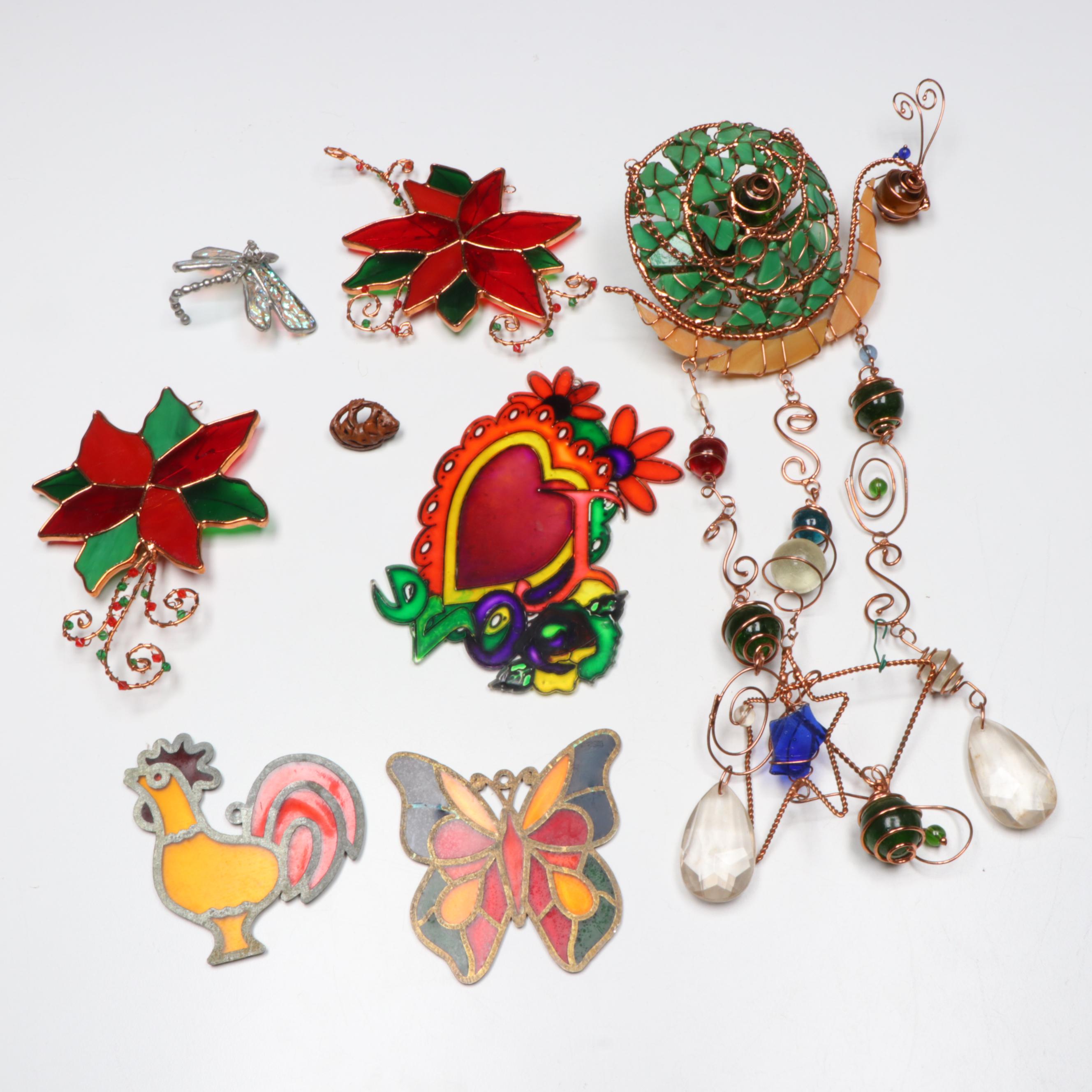 Carved Peach Pit Monkey with Glass and Wire Snail Wind Chime and Other Décor