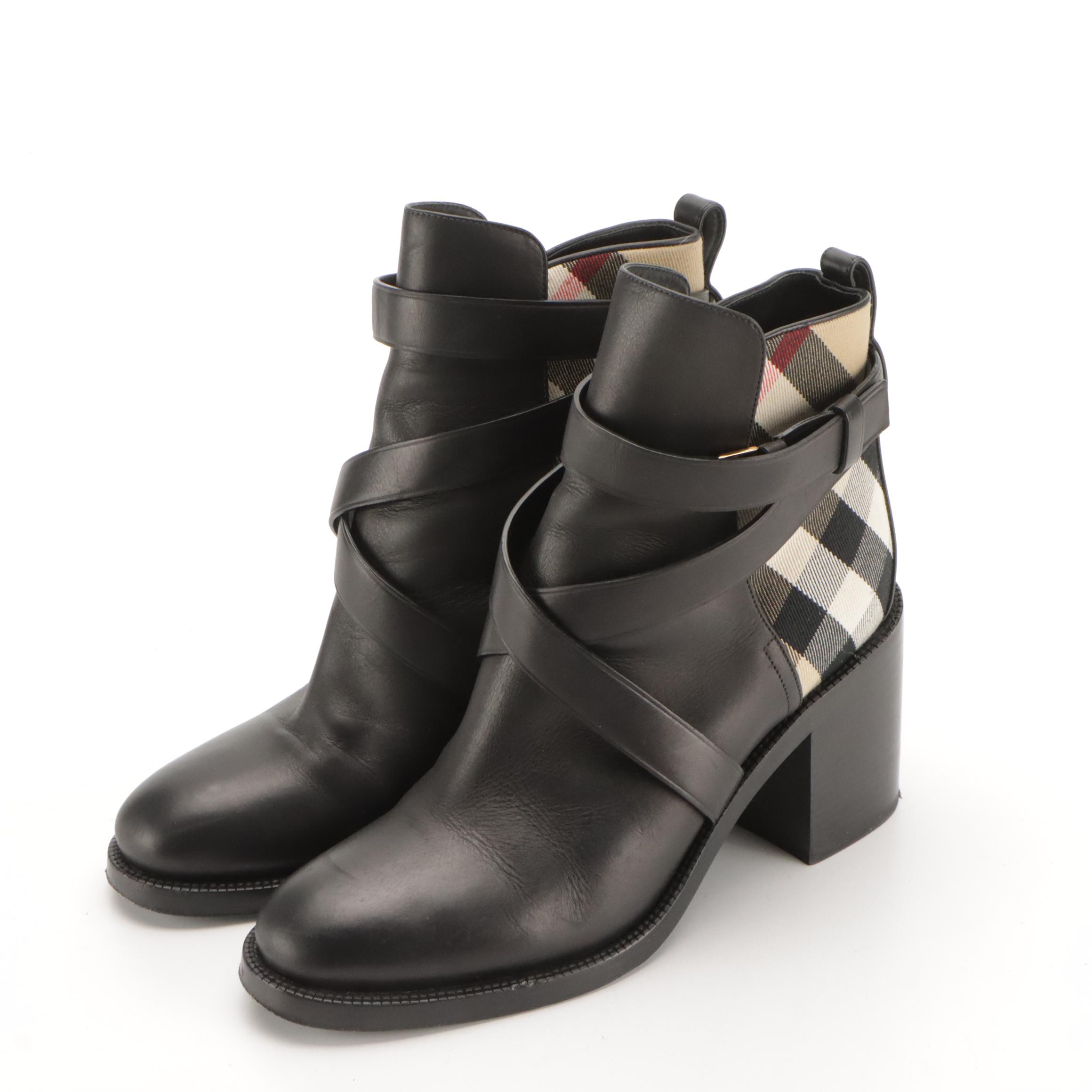 Burberry Check and Leather Heel Block Heel Boots