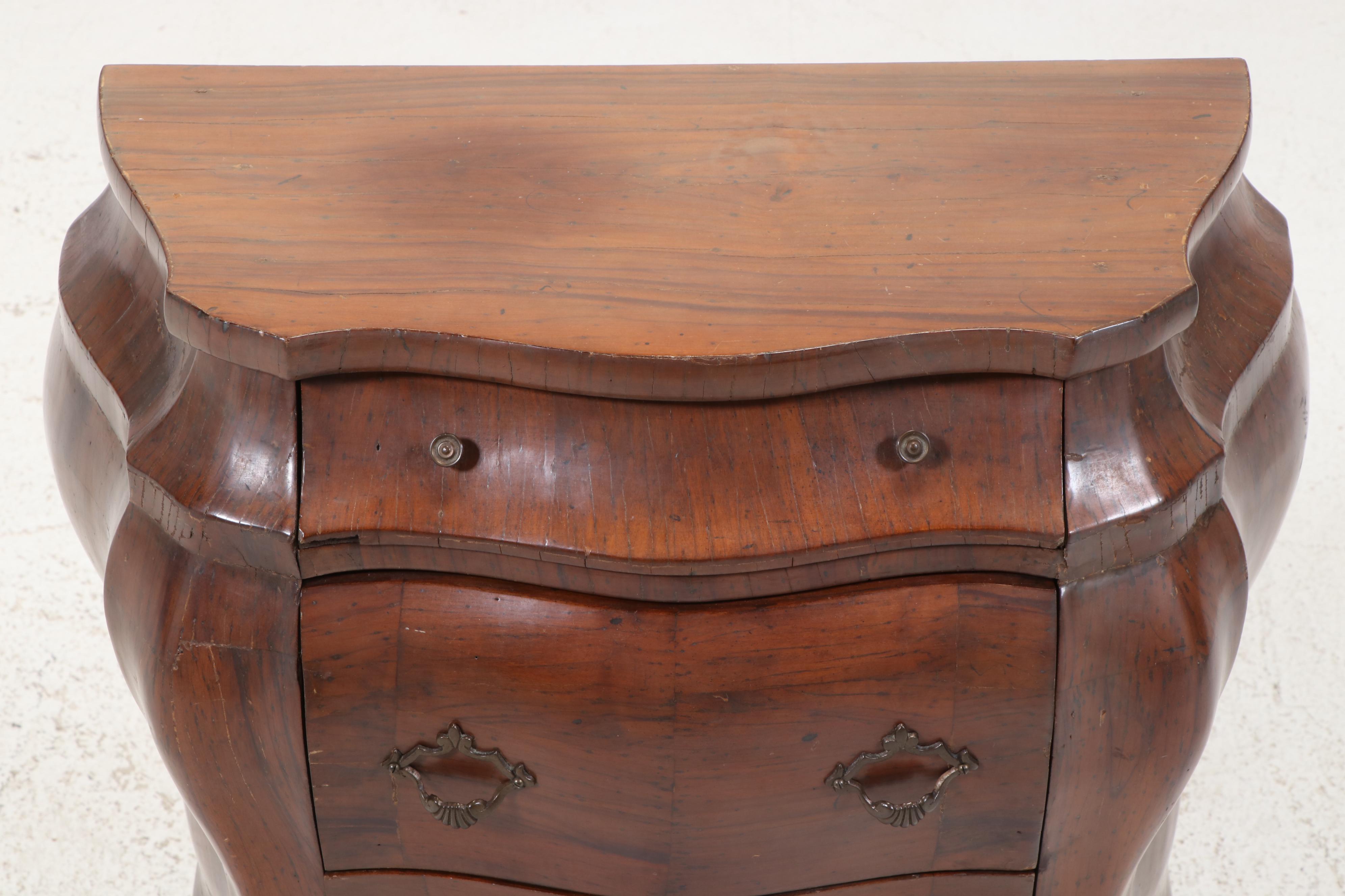 Small Italian Louis XV Style Olive Wood Three-Drawer Bombé Commode