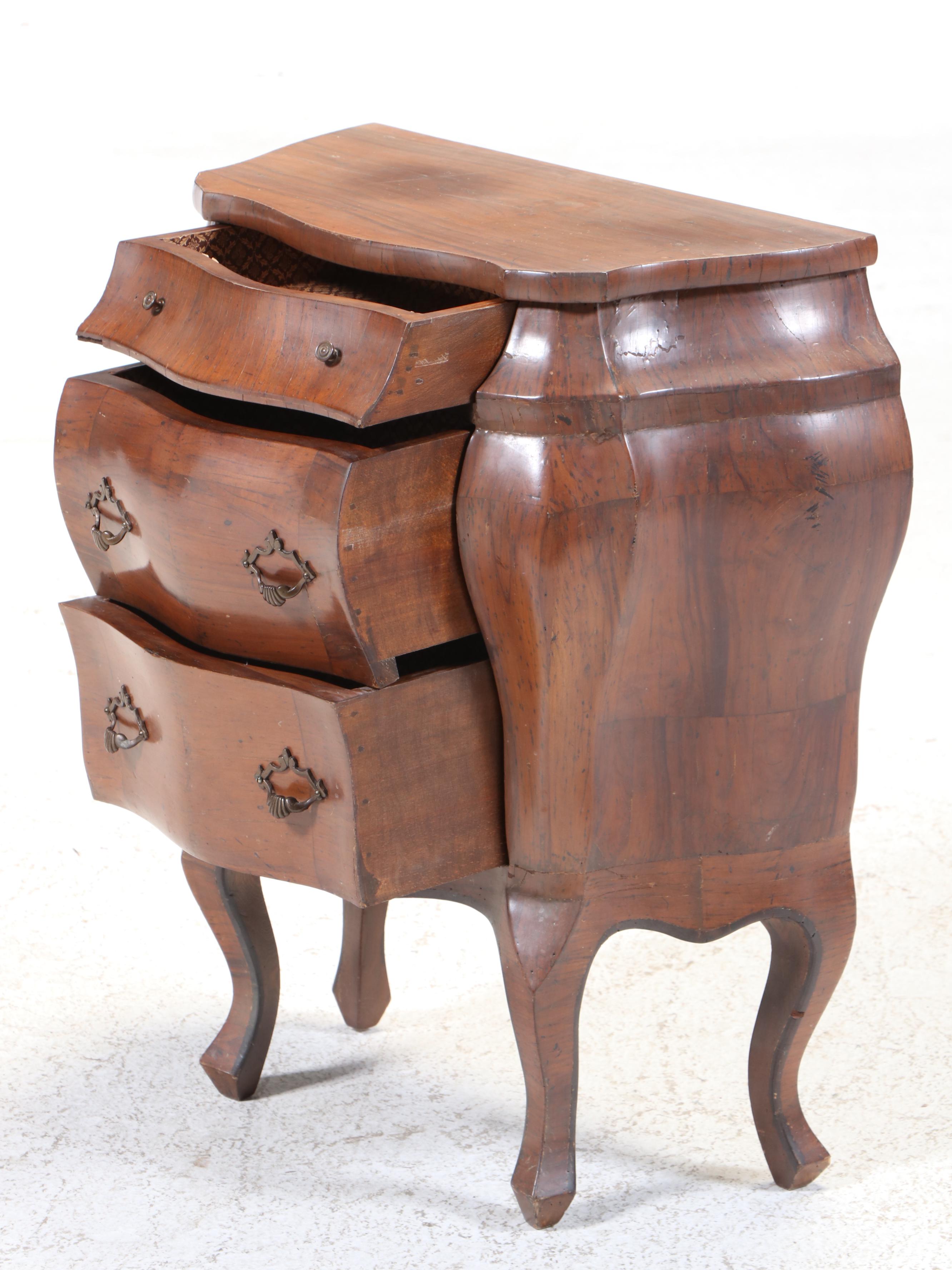 Small Italian Louis XV Style Olive Wood Three-Drawer Bombé Commode