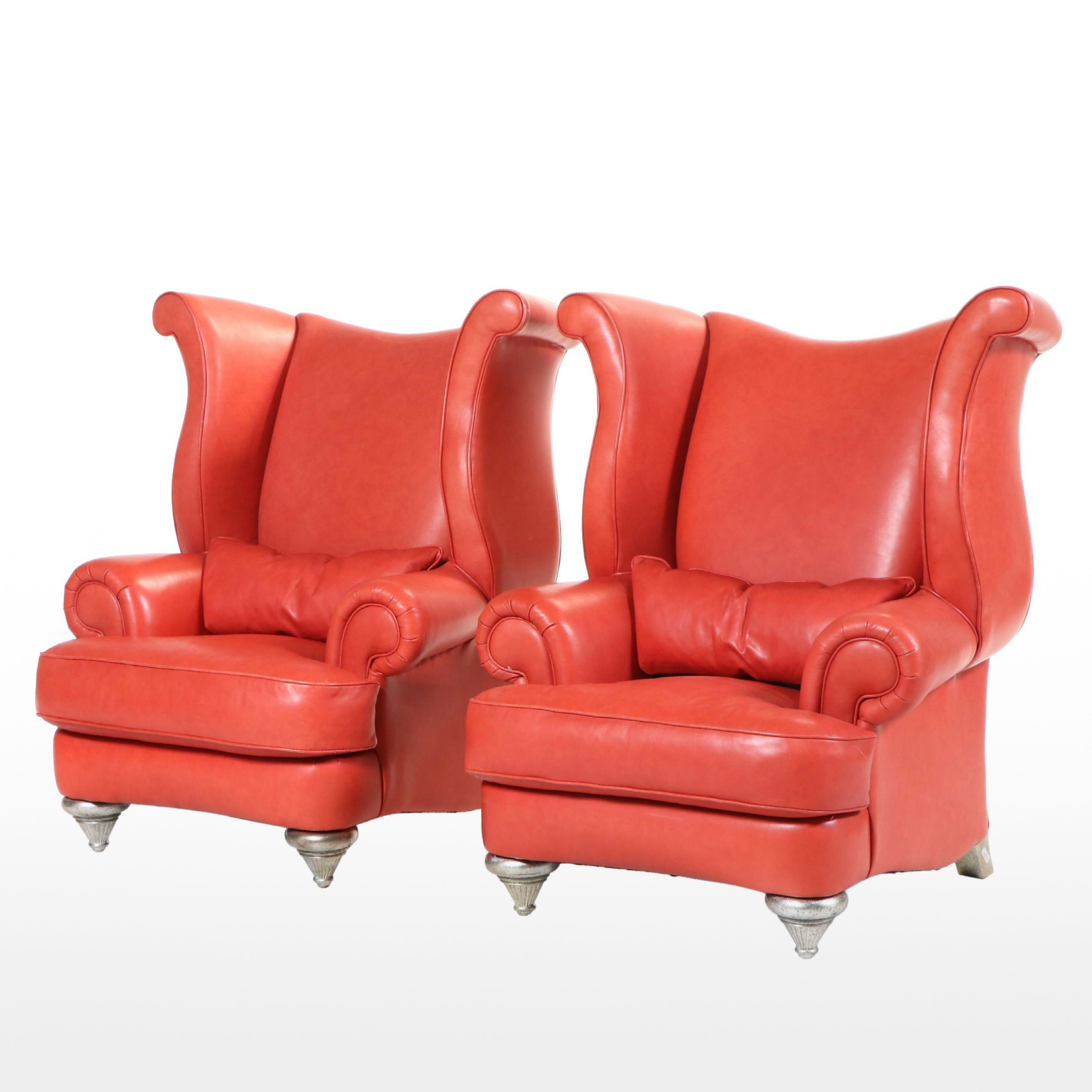 Pair of Thayer Coggin Red-Leather and Silver-Gilt Oversized Wingback Armchairs