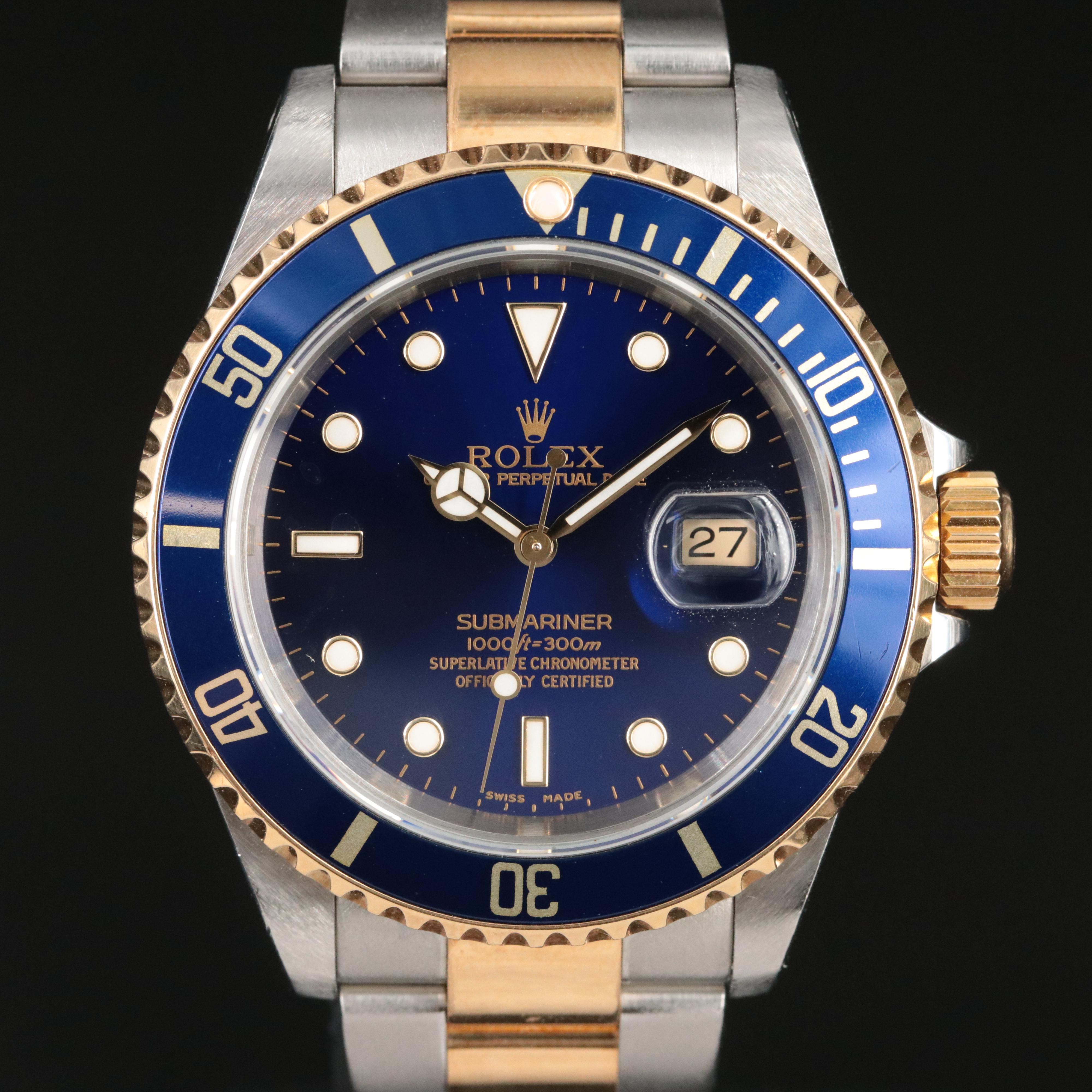 2001 Rolex Blue Dial 18K Bezel Blue Insert Submariner Watch