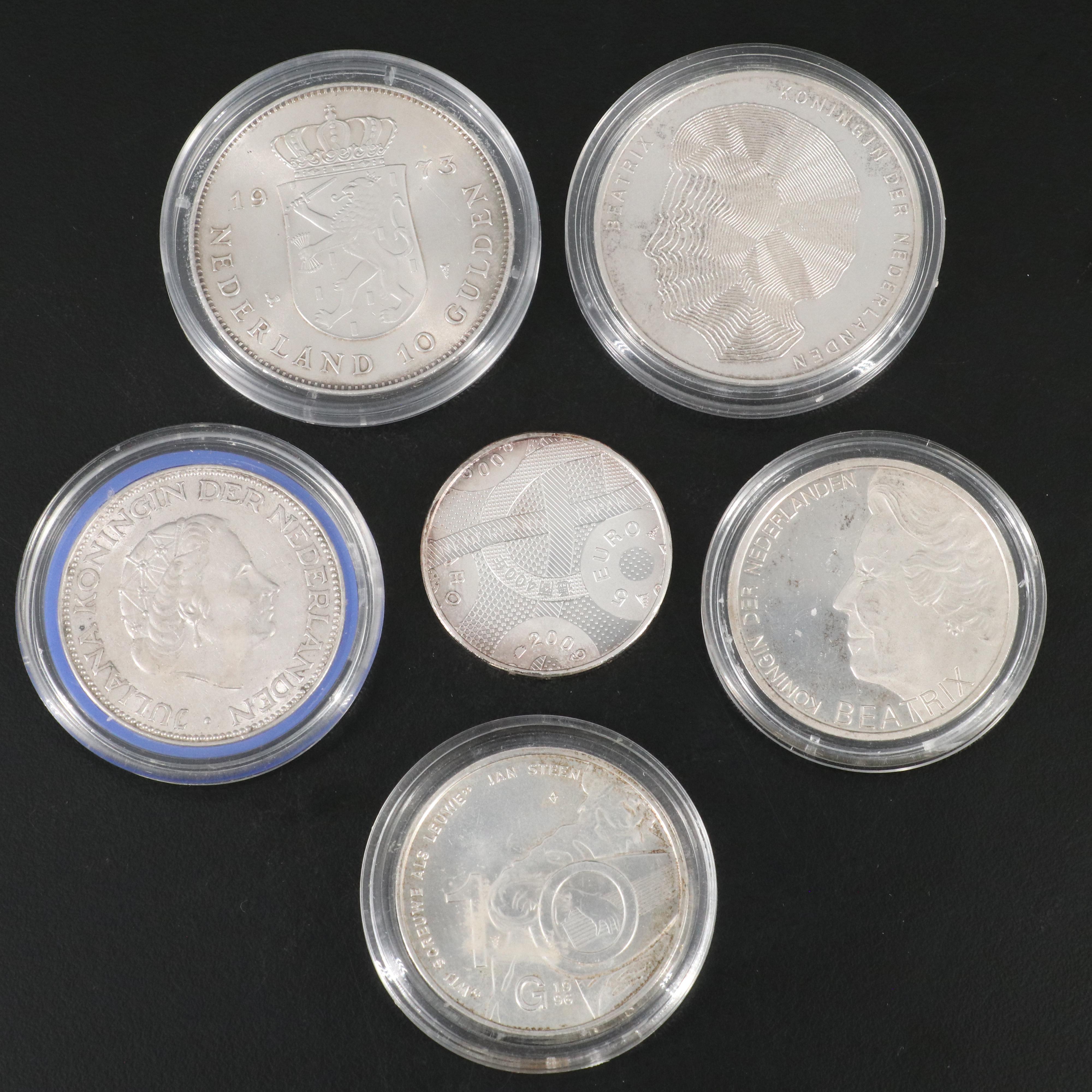 Collection of Six Different Modern Silver Coins From the Netherlands