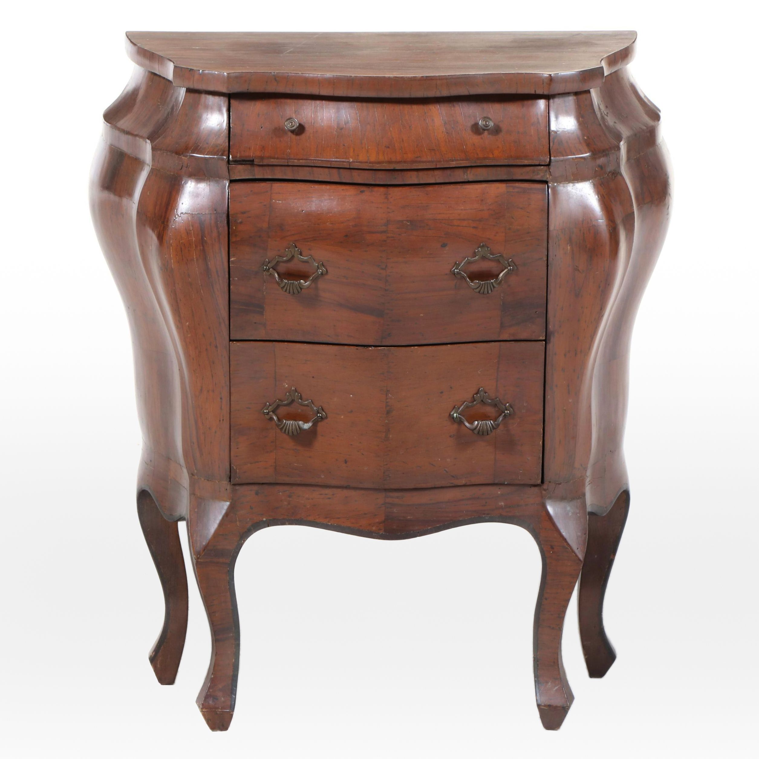 Small Italian Louis XV Style Olive Wood Three-Drawer Bombé Commode