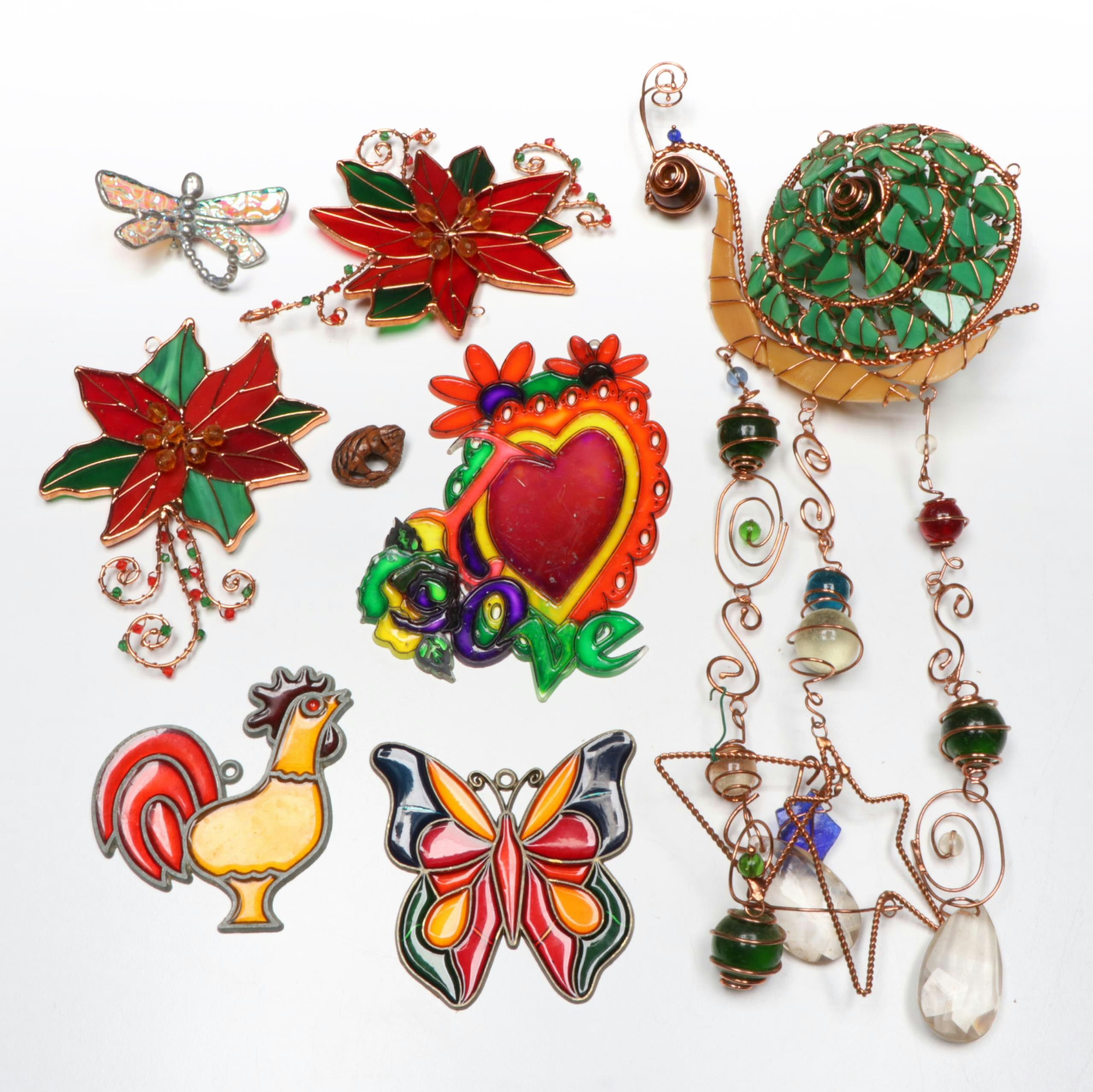 Carved Peach Pit Monkey with Glass and Wire Snail Wind Chime and Other Décor