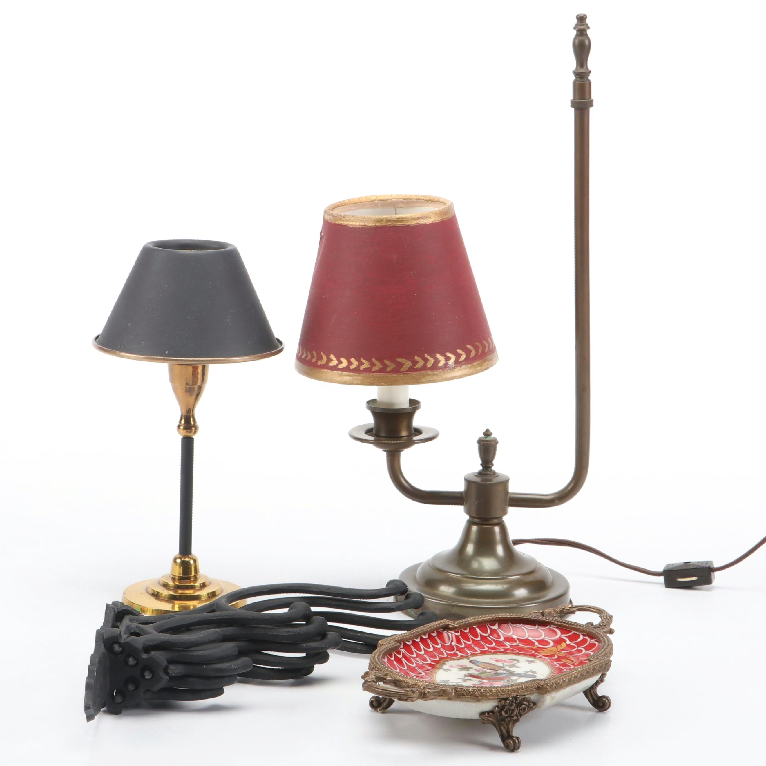 Wong Li Porcelain Ormolu Mount Tray, Toleware Candlestick Lamps, Coat Hooks