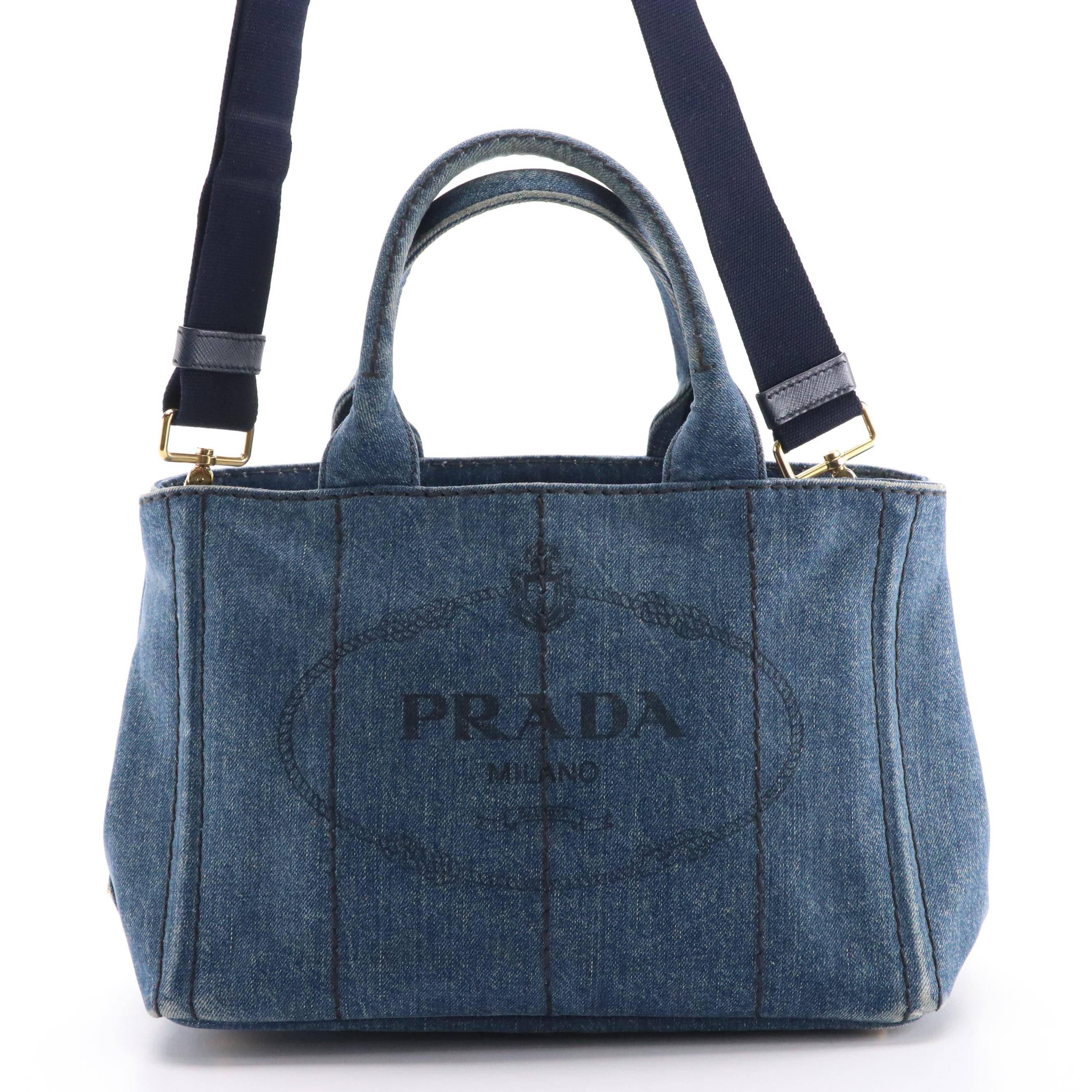 Prada Canapa Logo Two-Way Tote in Blue Cotton Denim