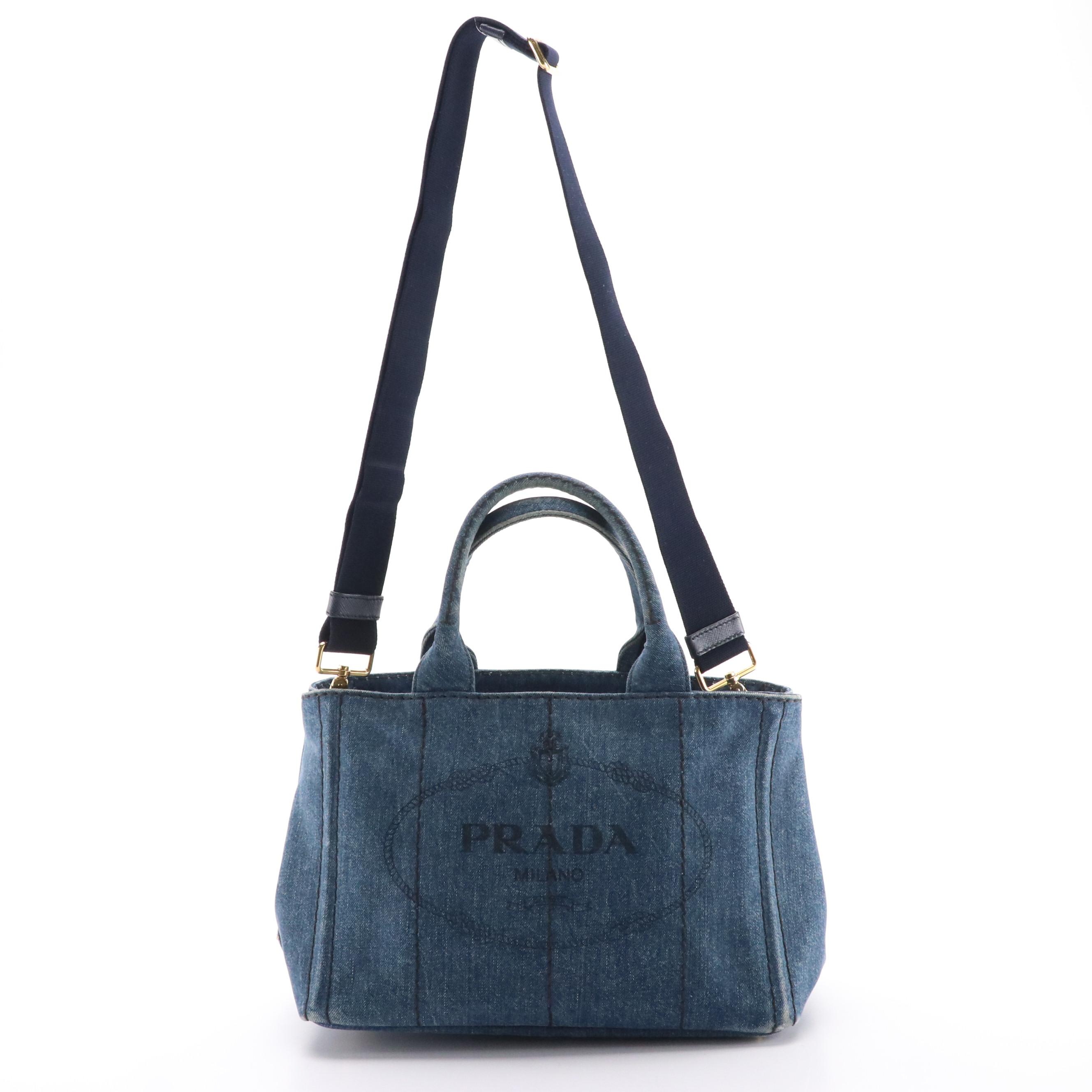 Prada Canapa Logo Two-Way Tote in Blue Cotton Denim