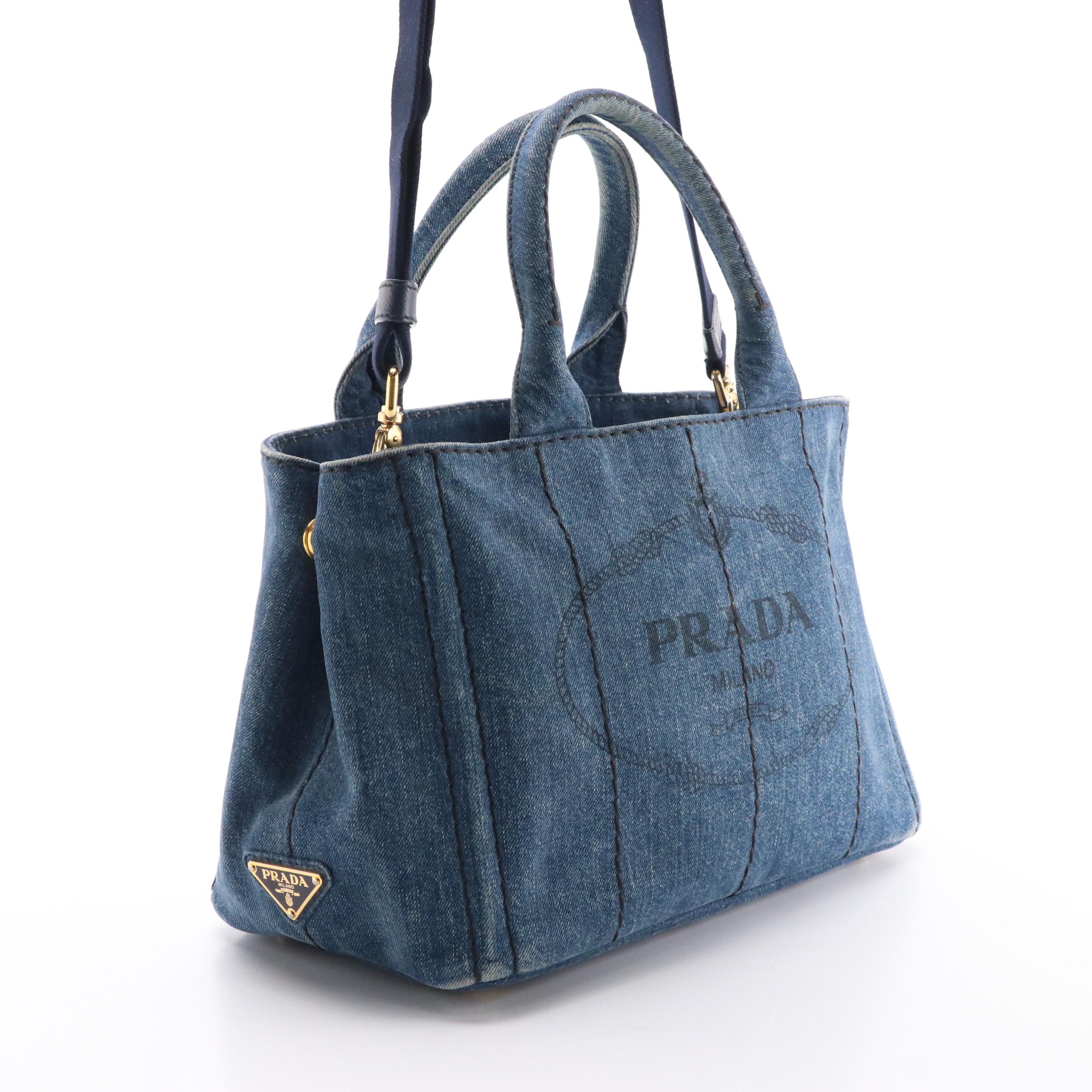 Prada Canapa Logo Two-Way Tote in Blue Cotton Denim