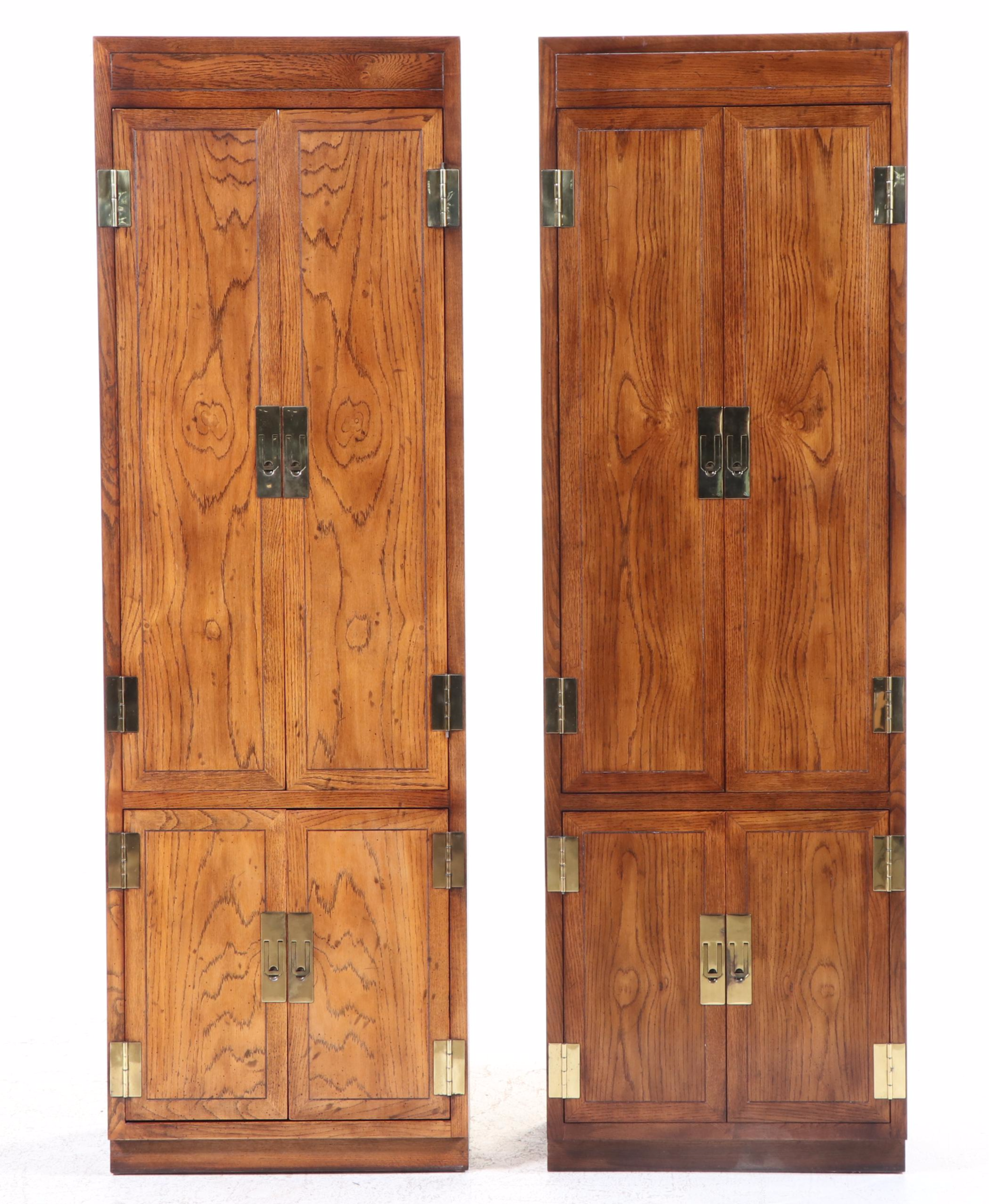 Pair of Henredon Campaign Style Oak Armoires, Late 20th Century