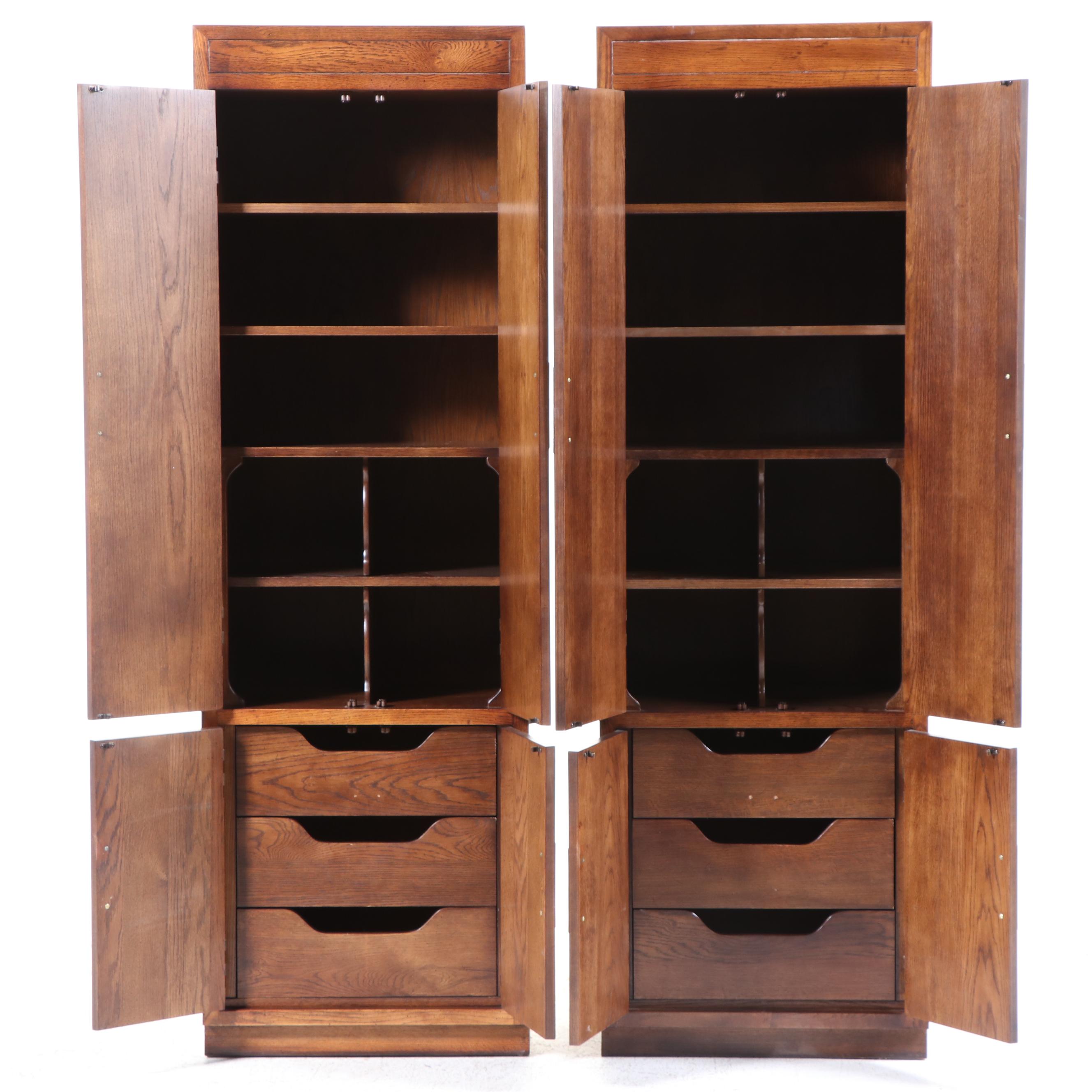 Pair of Henredon Campaign Style Oak Armoires, Late 20th Century
