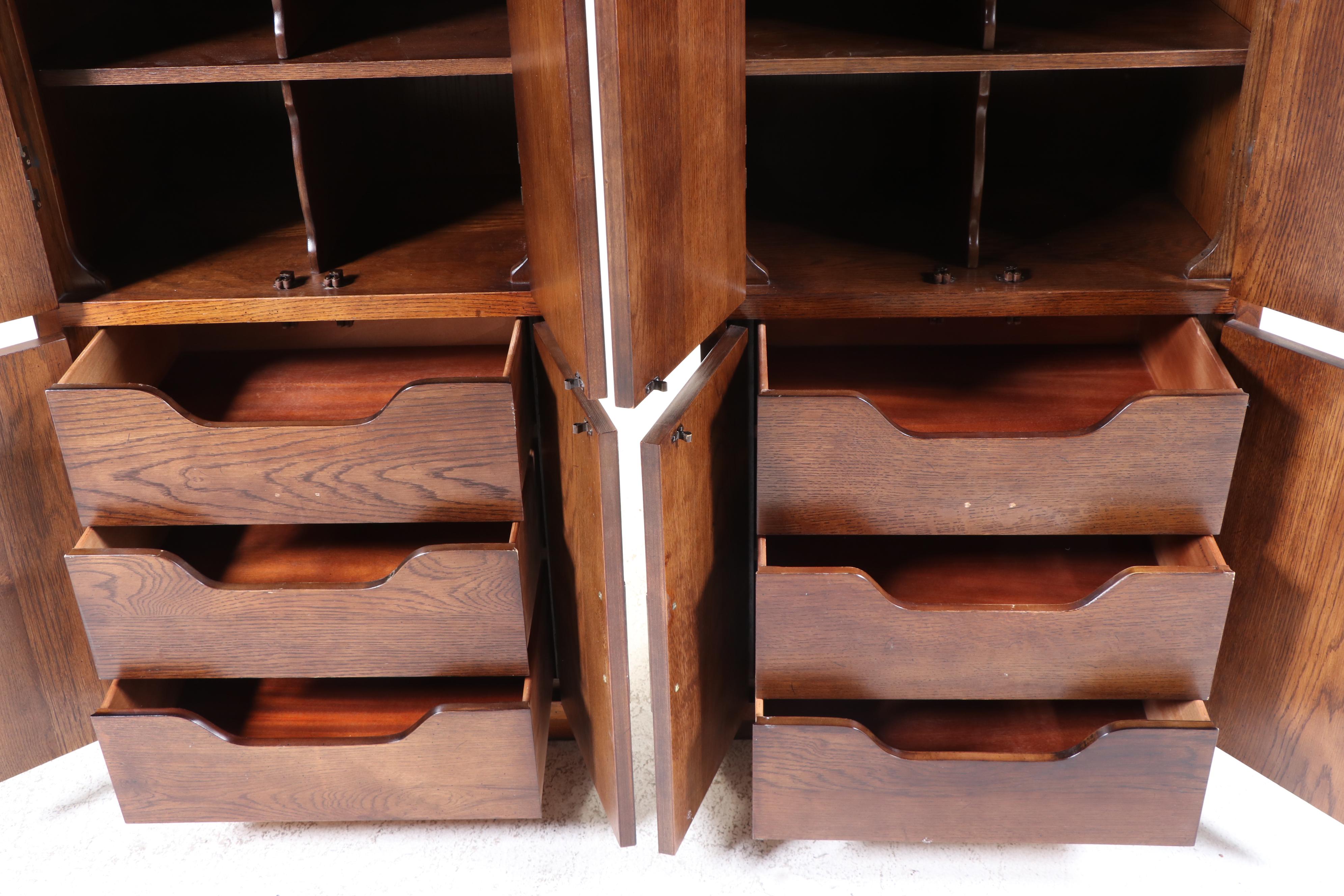 Pair of Henredon Campaign Style Oak Armoires, Late 20th Century