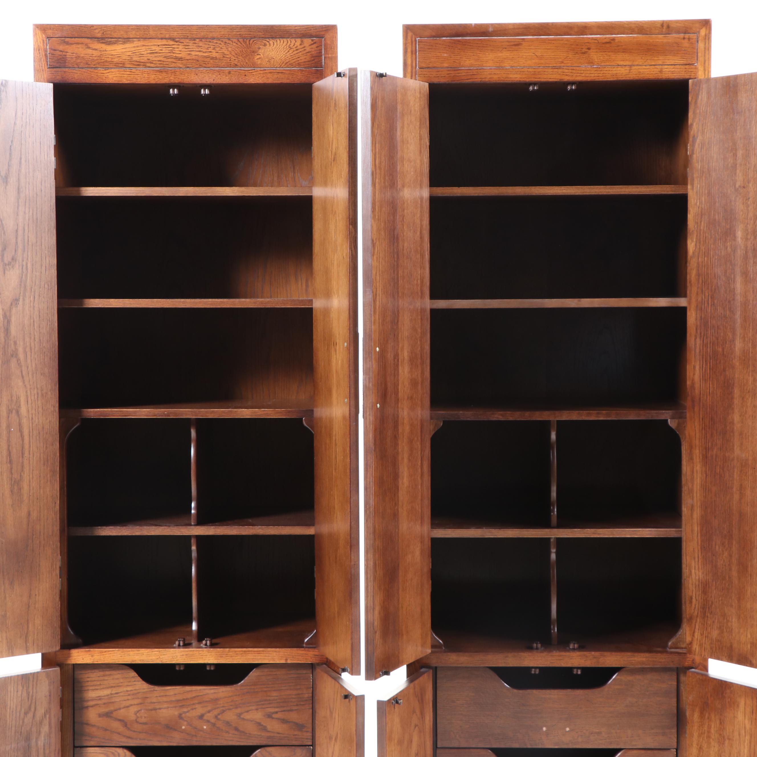 Pair of Henredon Campaign Style Oak Armoires, Late 20th Century