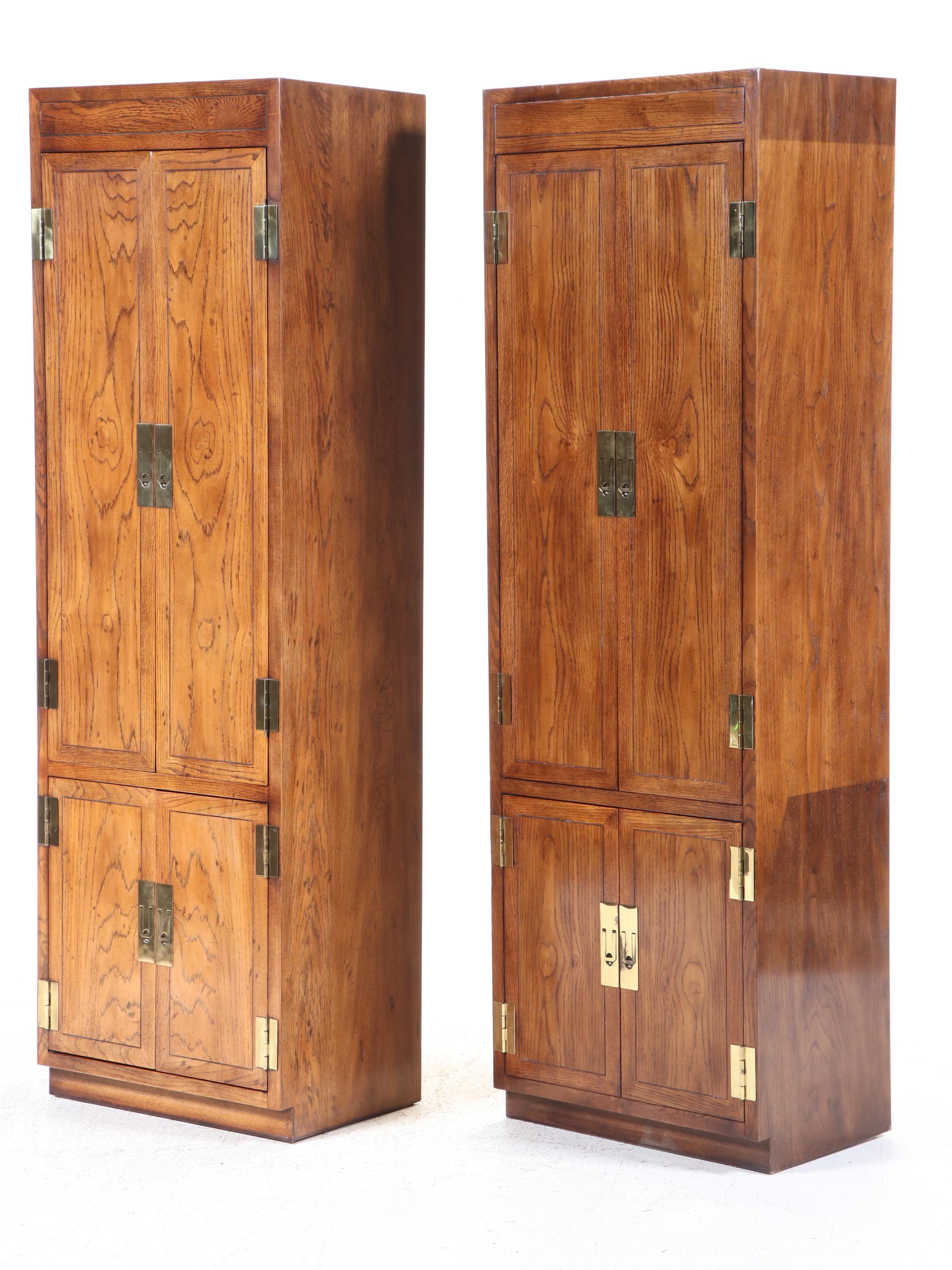Pair of Henredon Campaign Style Oak Armoires, Late 20th Century