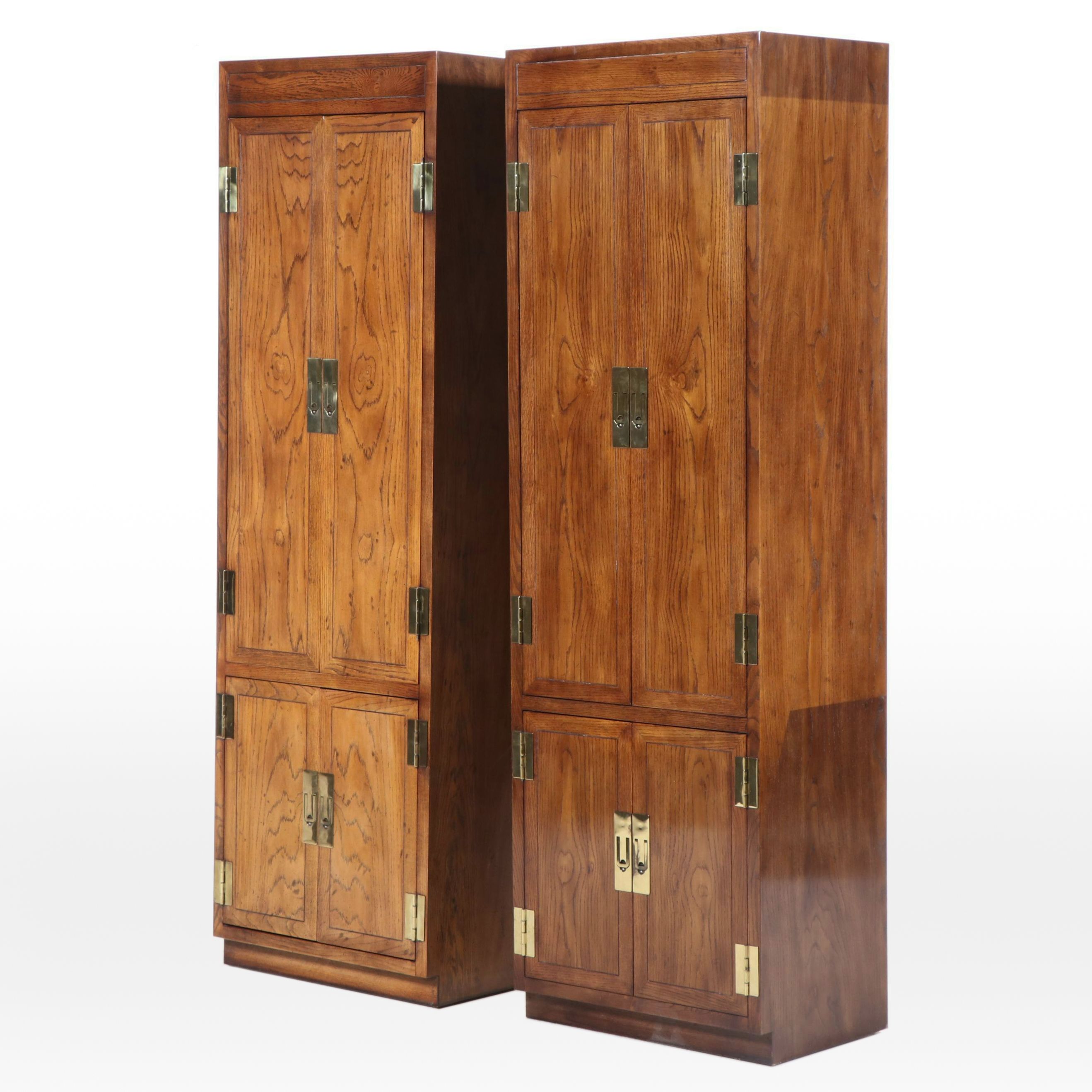Pair of Henredon Campaign Style Oak Armoires, Late 20th Century