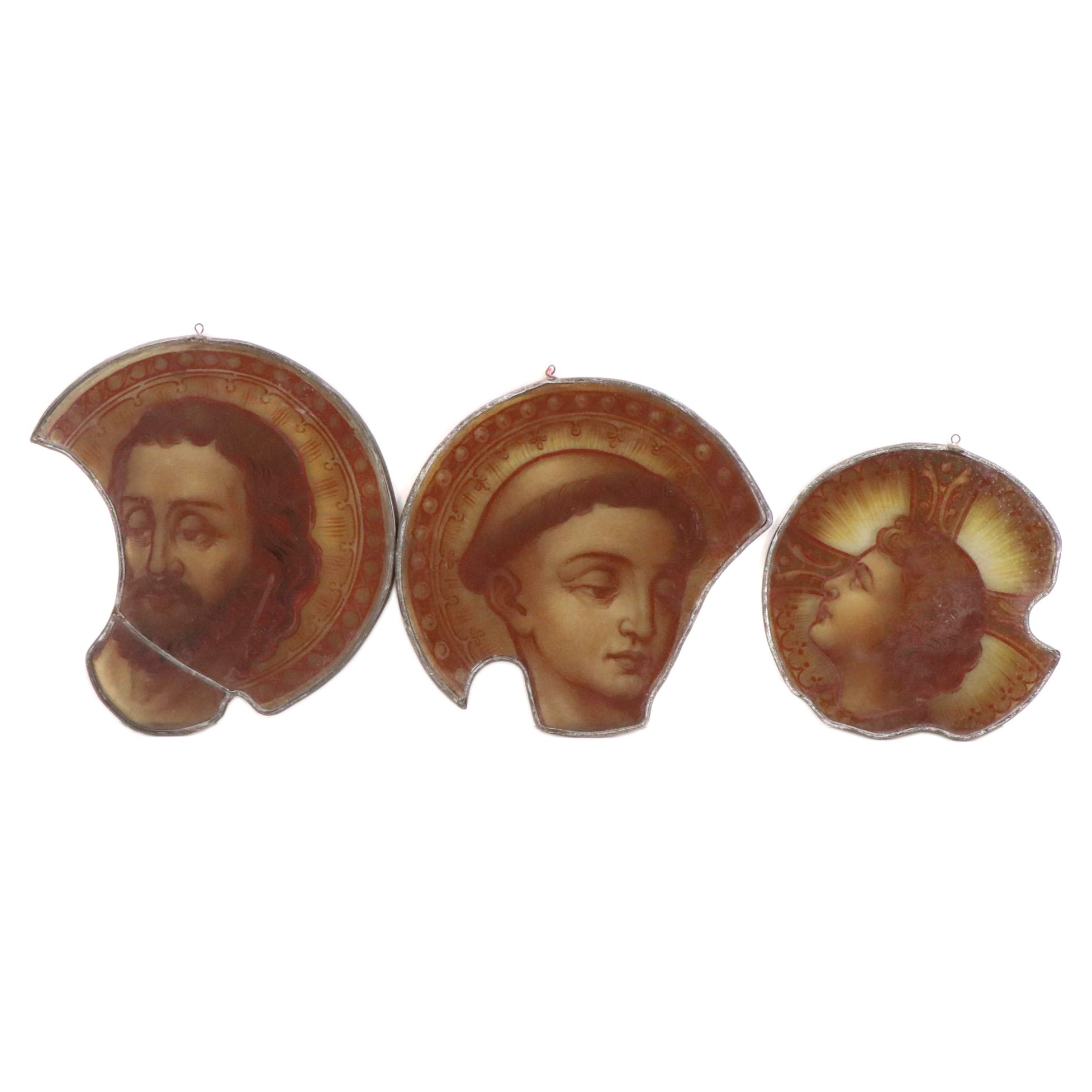 Salvaged Hand-Painted Leaded Stained Glass Window Pieces