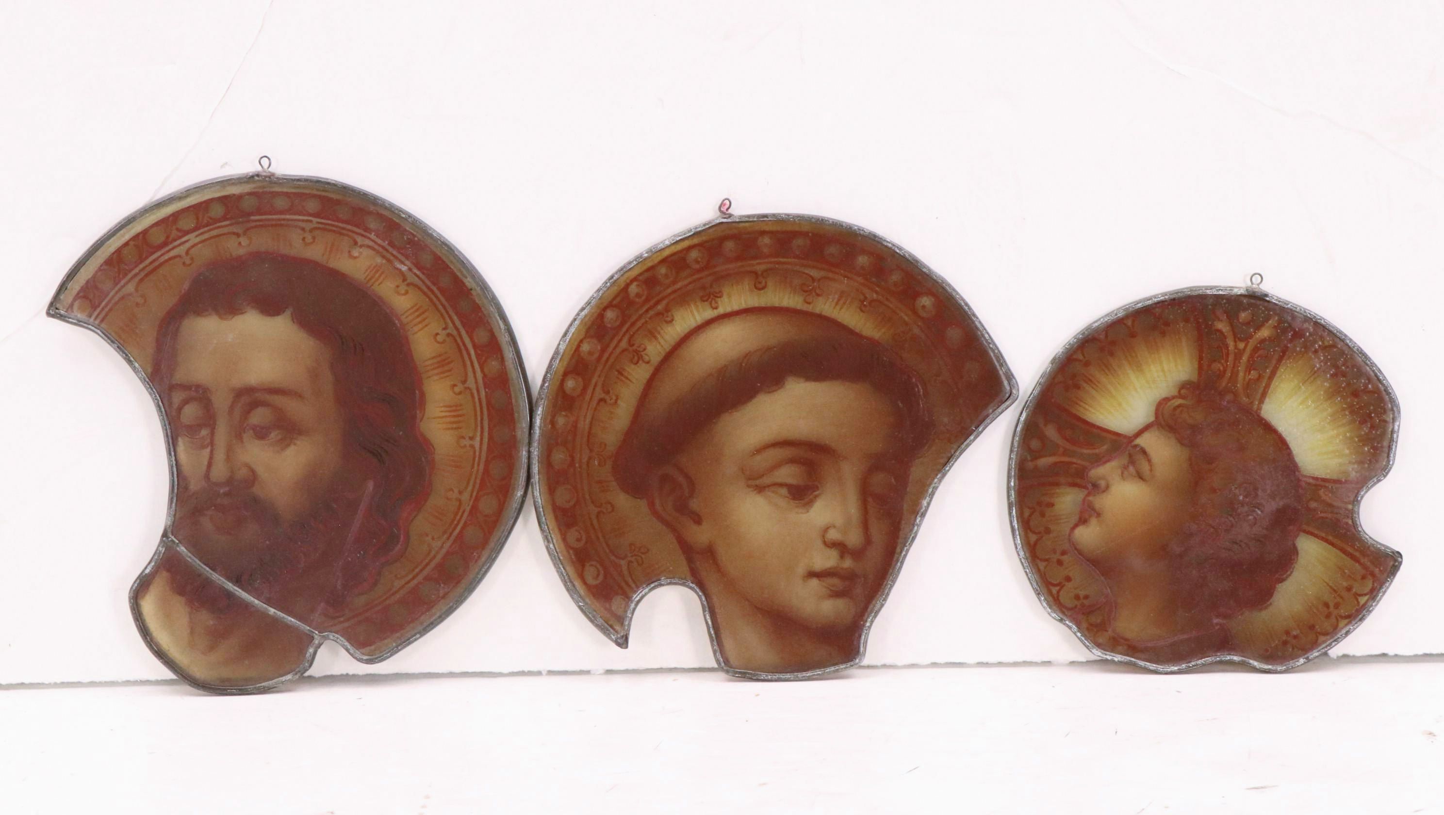 Salvaged Hand-Painted Leaded Stained Glass Window Pieces