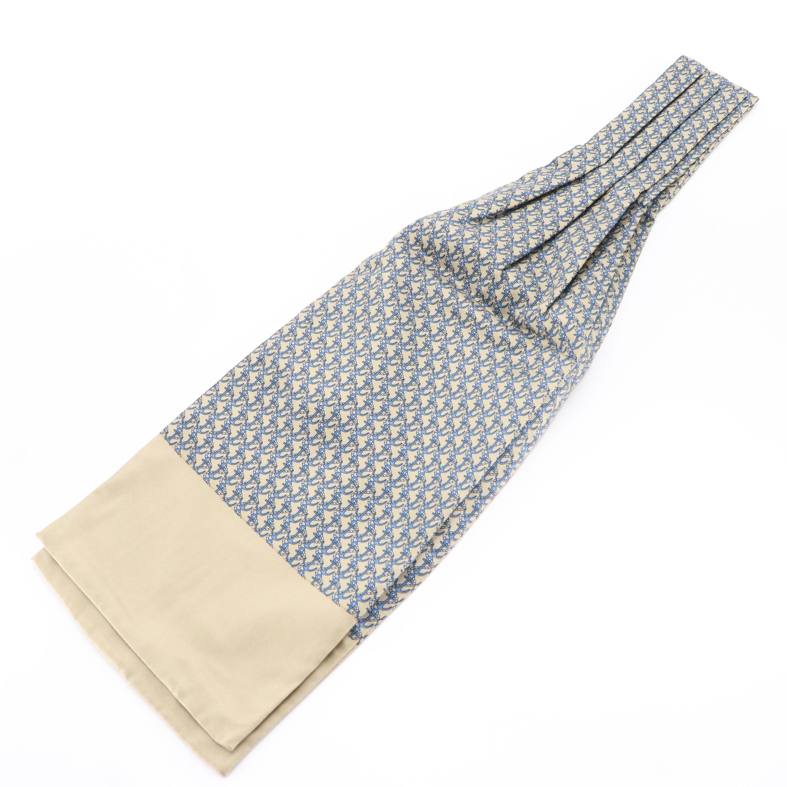 Hermès Beige/Blue Nautical Anchor Motif Pleated Silk Ascot
