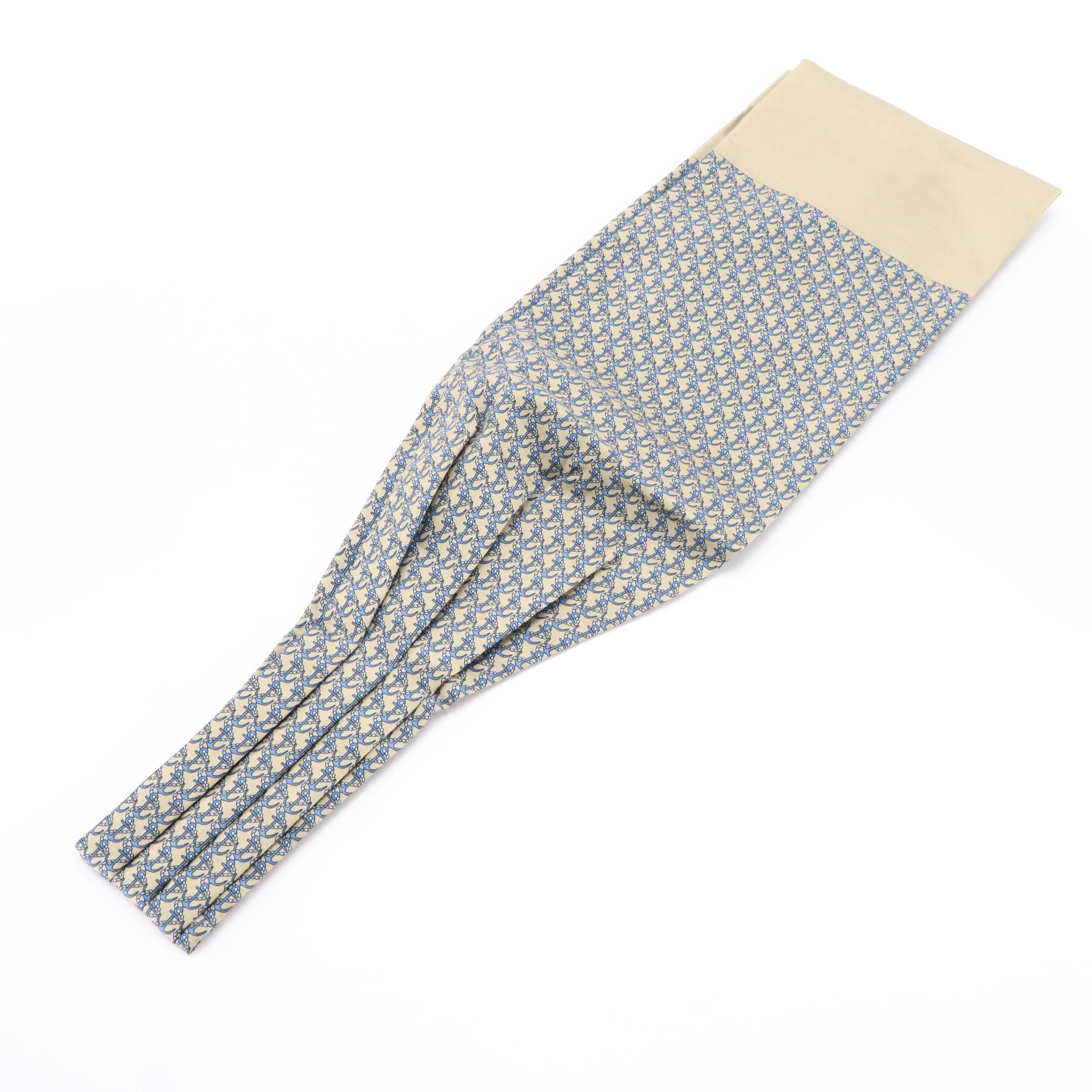 Hermès Beige/Blue Nautical Anchor Motif Pleated Silk Ascot