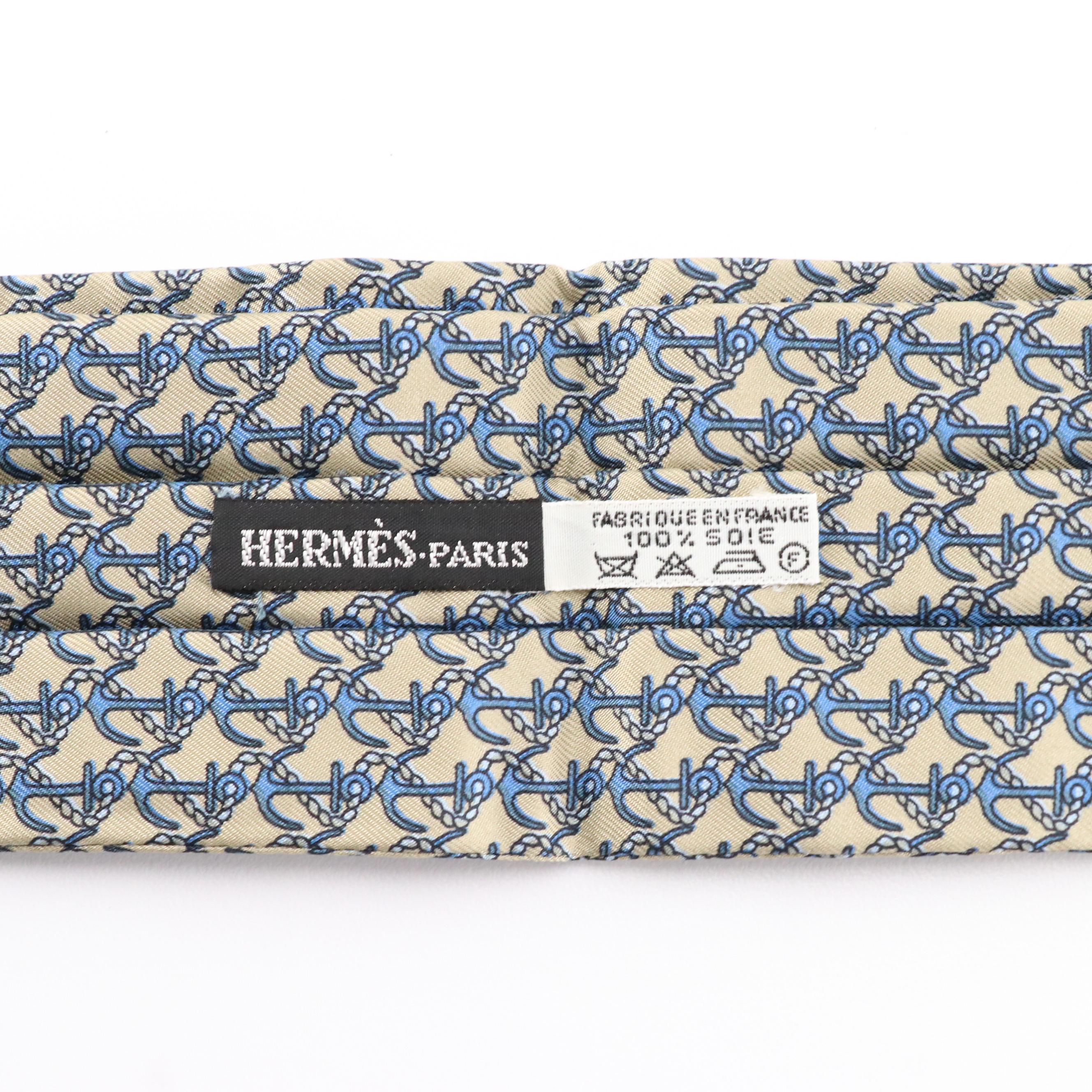 Hermès Beige/Blue Nautical Anchor Motif Pleated Silk Ascot