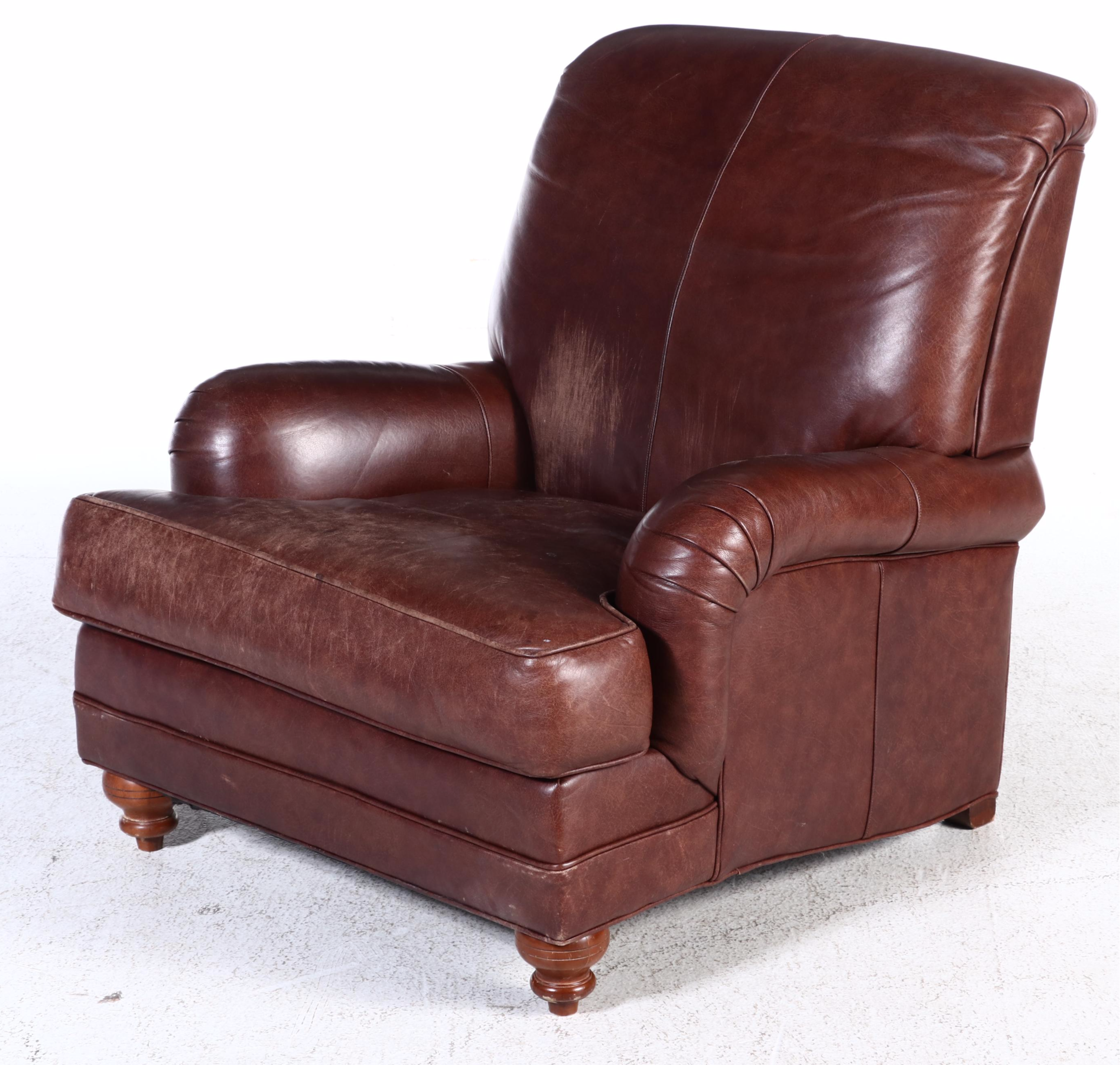 Ethan Allen Leather English-Roll-Arm Easy Chair with Ottoman