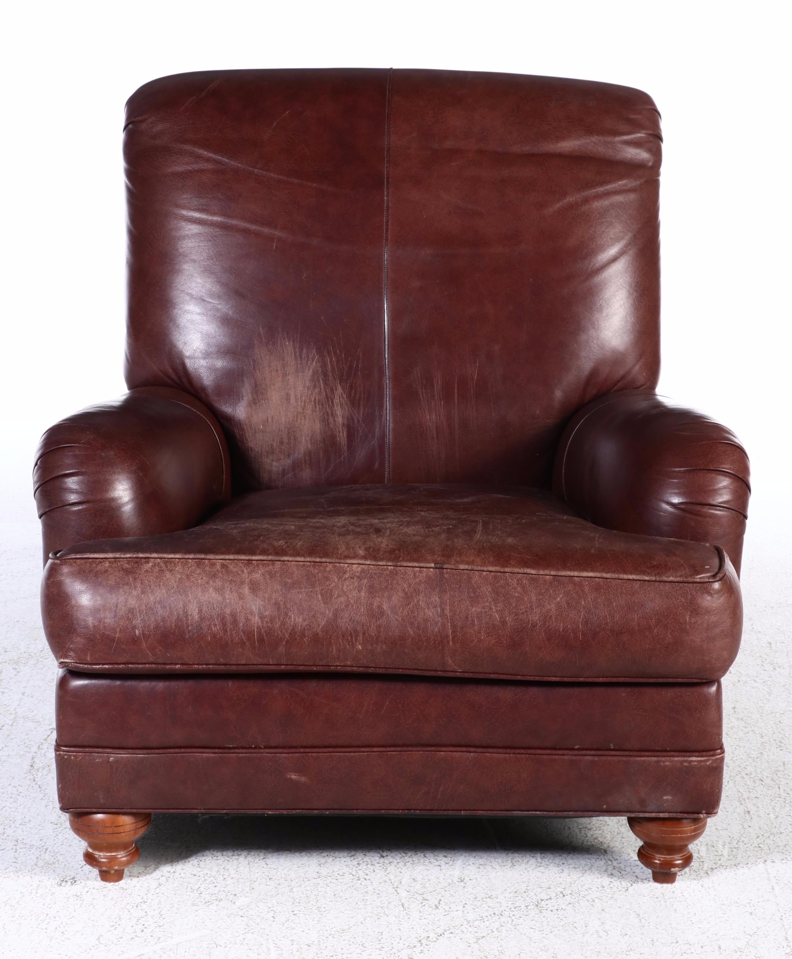 Ethan Allen Leather English-Roll-Arm Easy Chair with Ottoman
