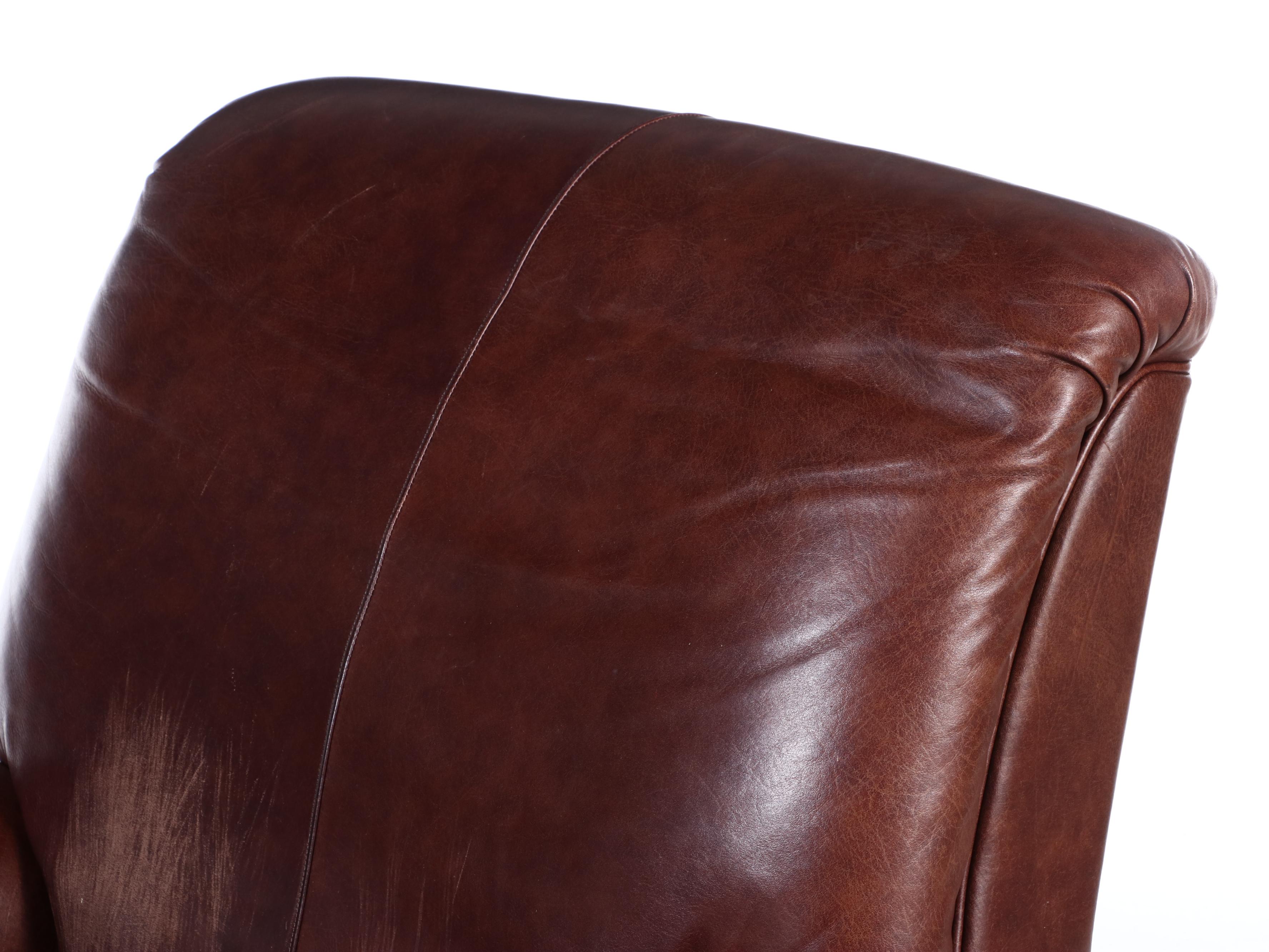 Ethan Allen Leather English-Roll-Arm Easy Chair with Ottoman