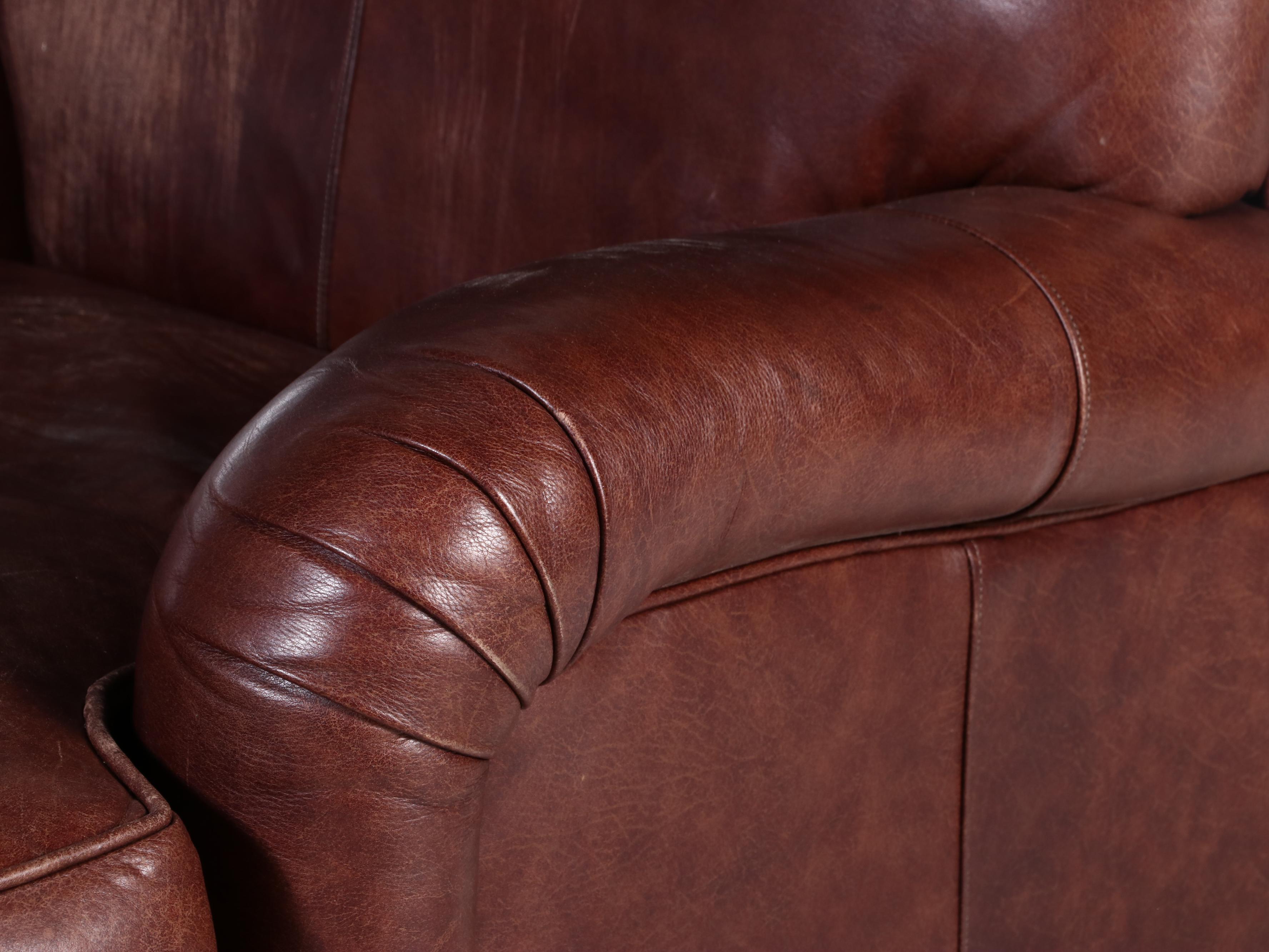 Ethan Allen Leather English-Roll-Arm Easy Chair with Ottoman