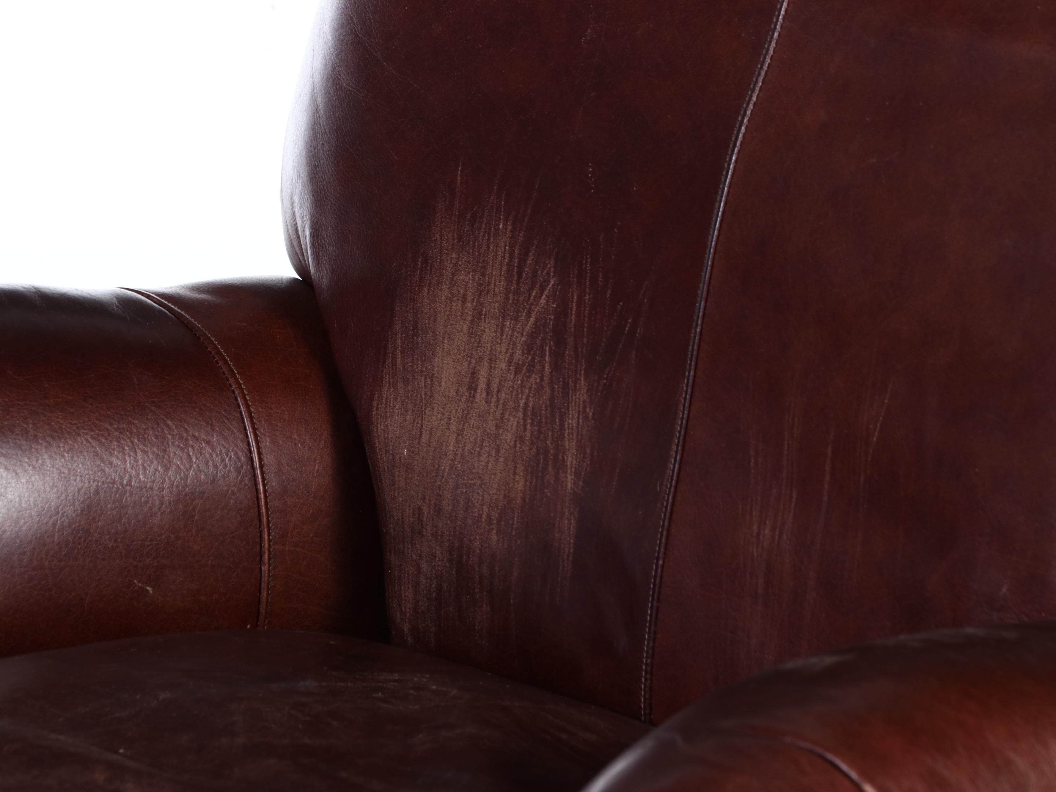 Ethan Allen Leather English-Roll-Arm Easy Chair with Ottoman