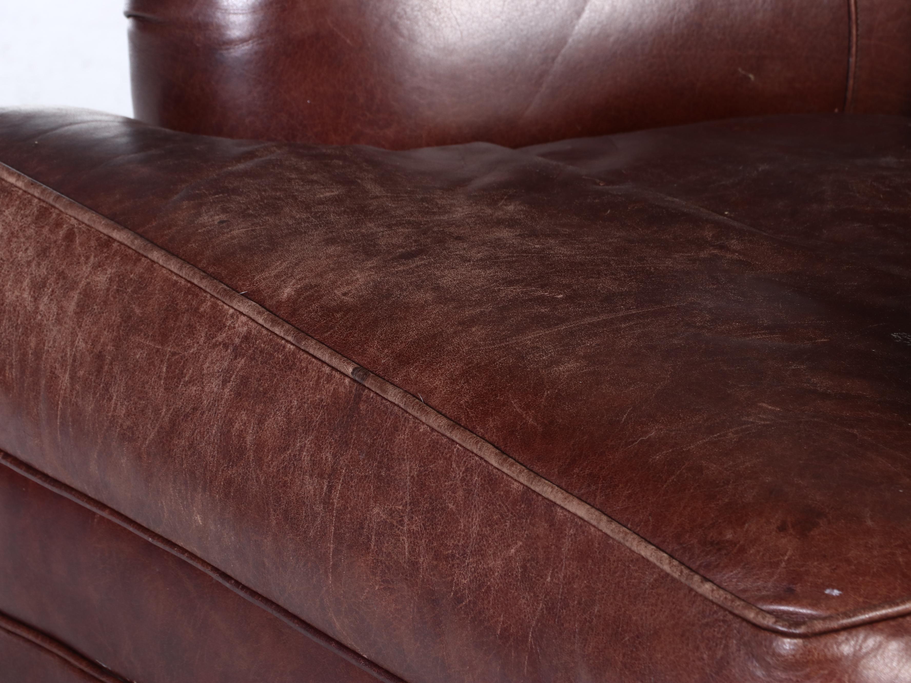 Ethan Allen Leather English-Roll-Arm Easy Chair with Ottoman