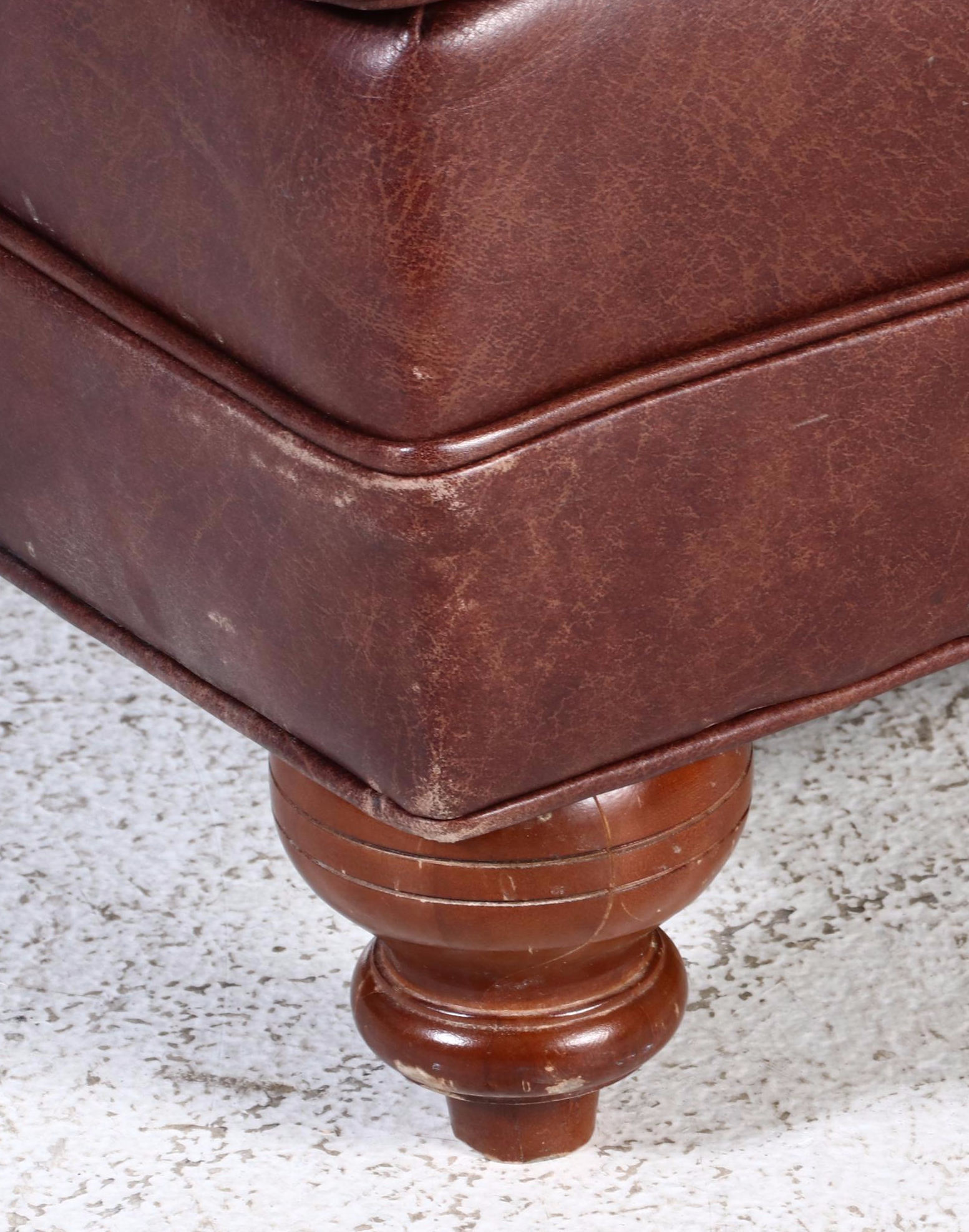 Ethan Allen Leather English-Roll-Arm Easy Chair with Ottoman