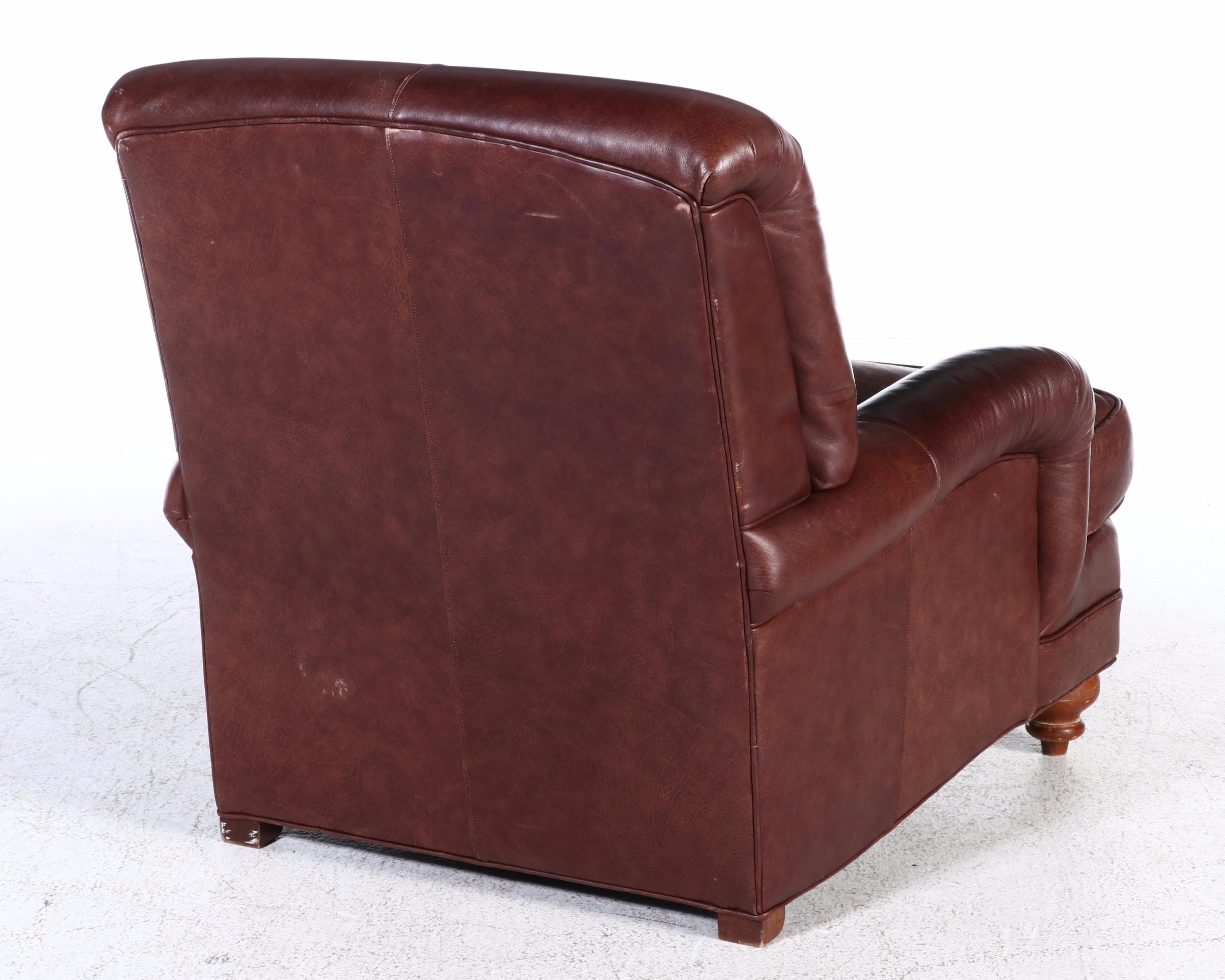 Ethan Allen Leather English-Roll-Arm Easy Chair with Ottoman