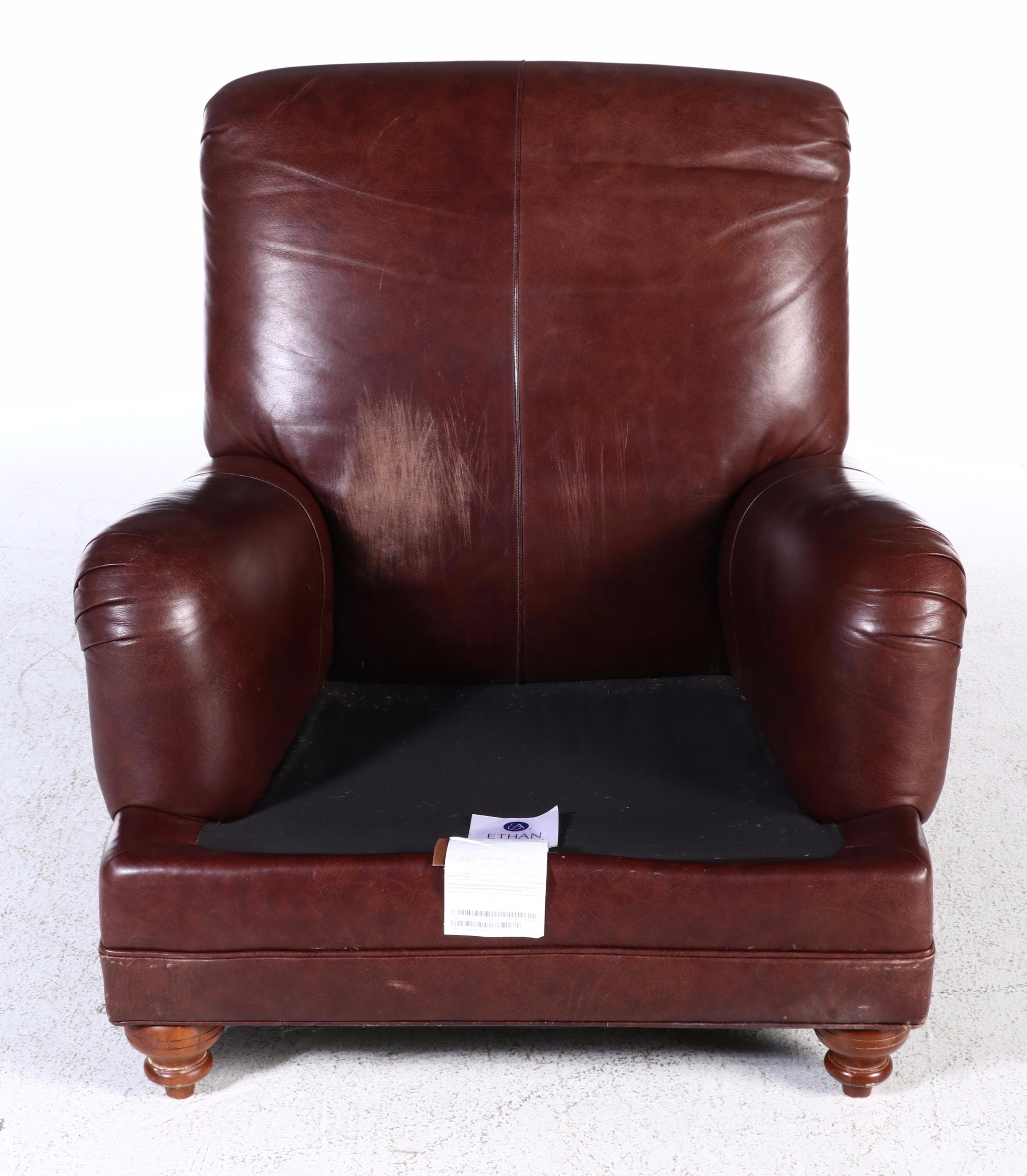 Ethan Allen Leather English-Roll-Arm Easy Chair with Ottoman