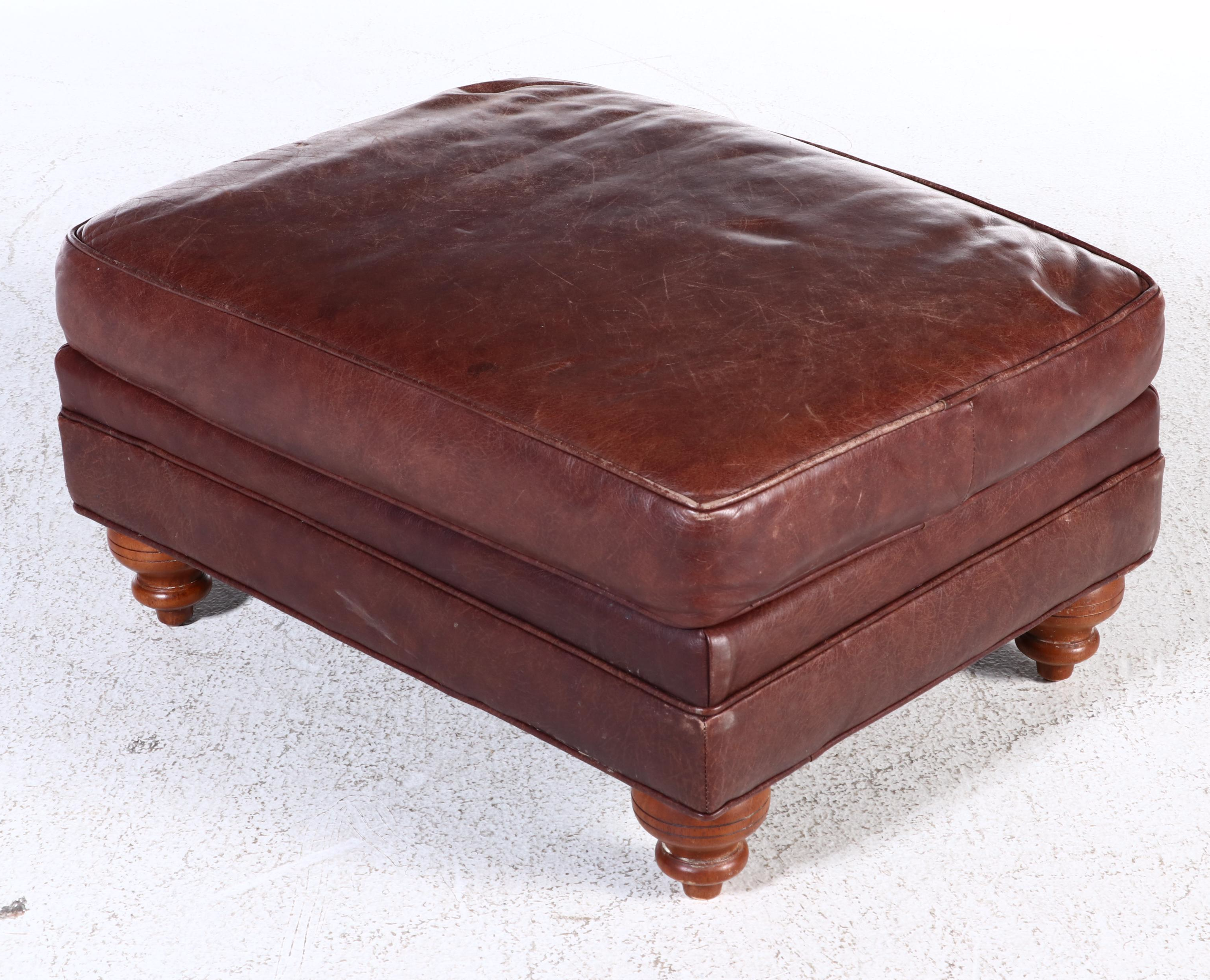 Ethan Allen Leather English-Roll-Arm Easy Chair with Ottoman