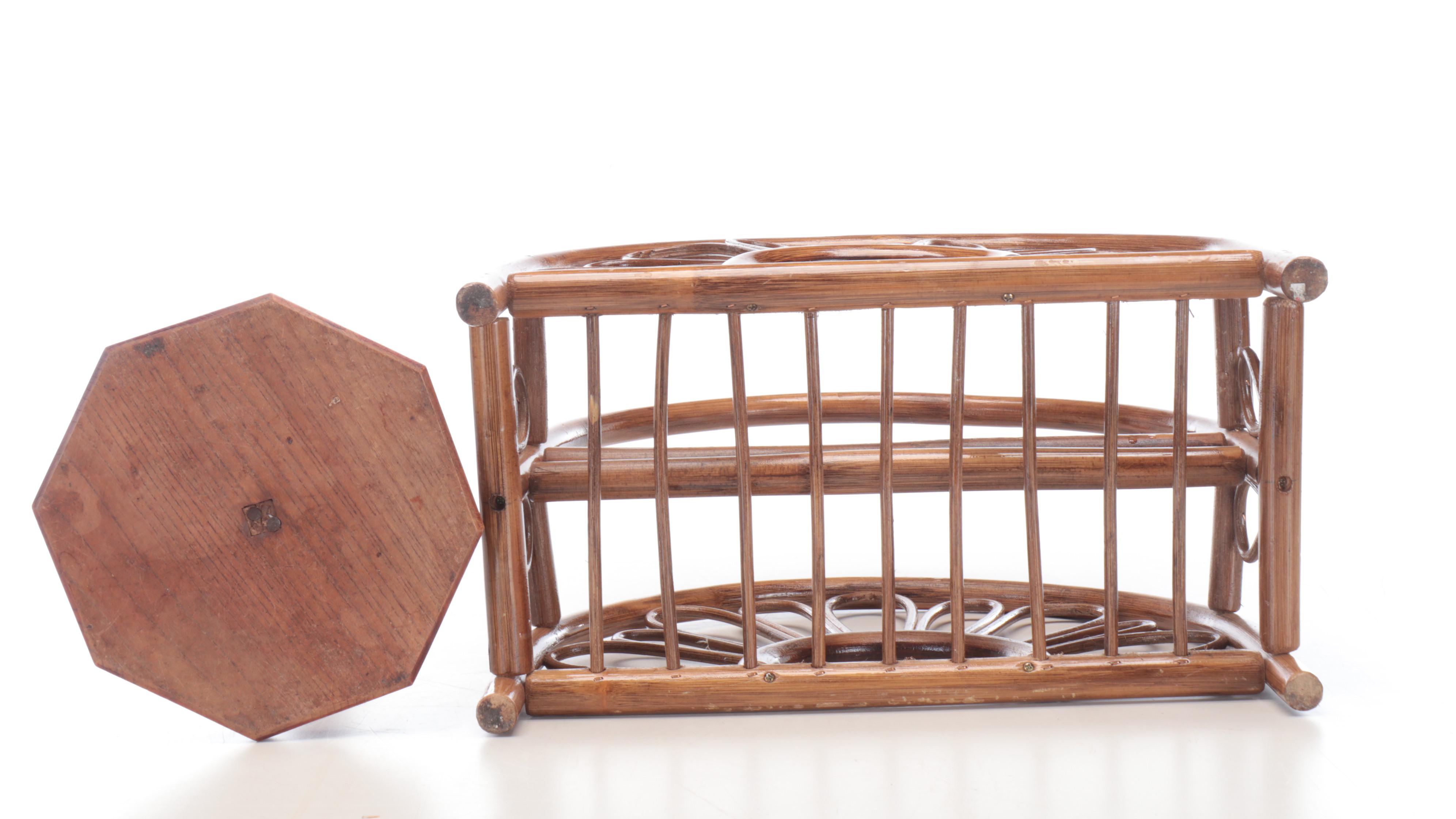 MCM Rattan and Bamboo Bentwood Magazine Holder with Japanese Keyaki Candlestick