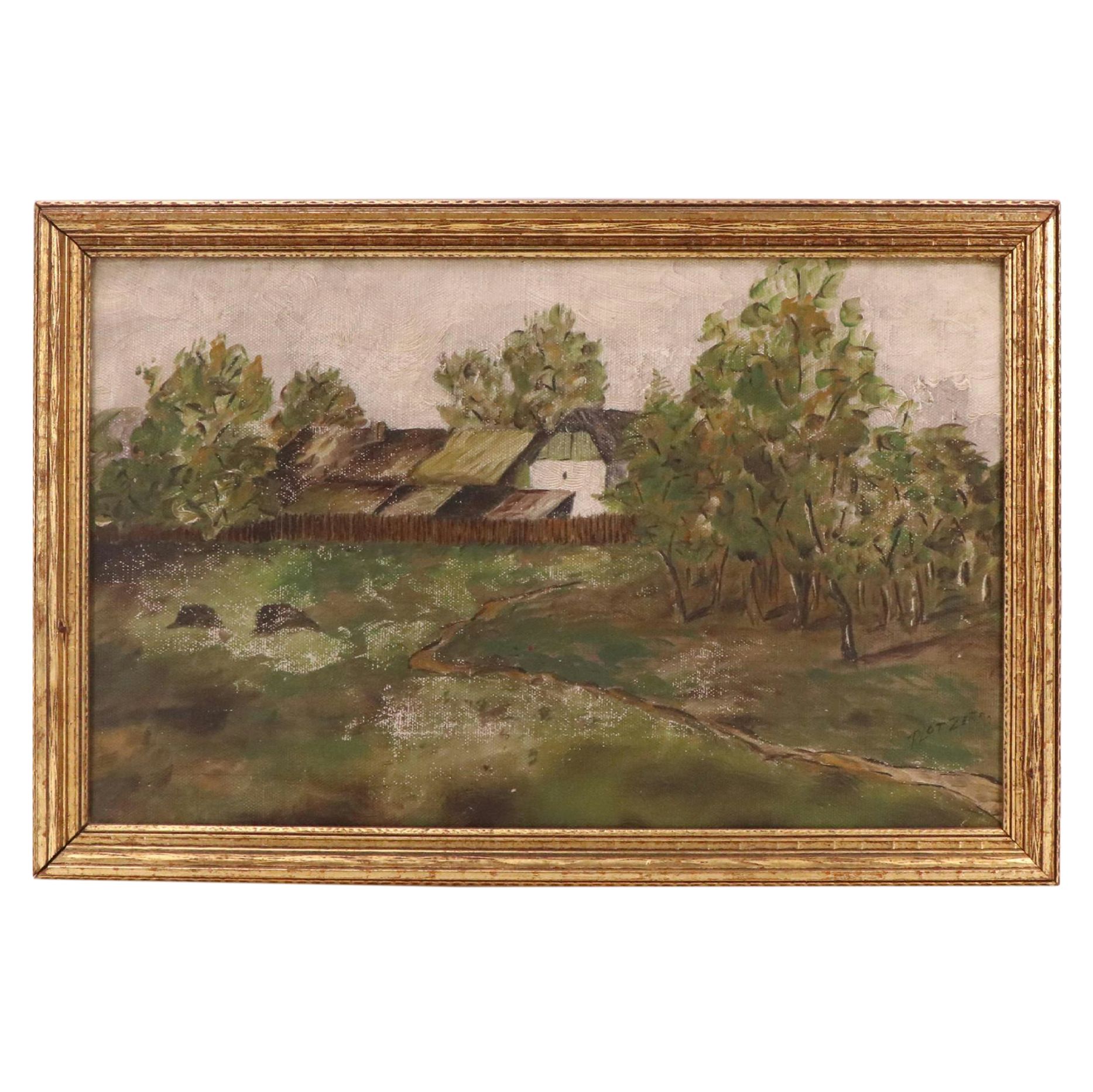 Rural Farm Landscape Oil Painting, Late 19th or Early 20th Century