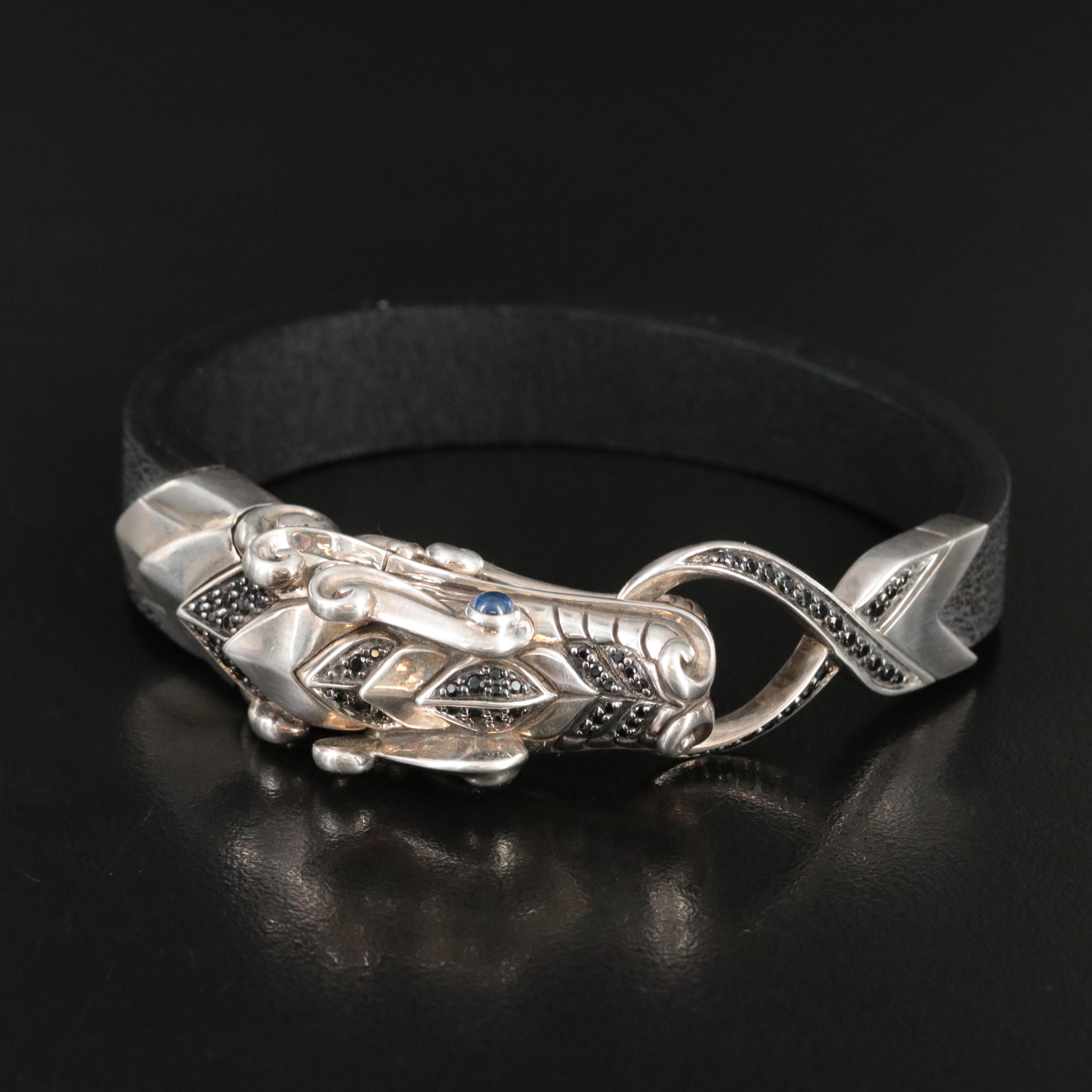John Hardy Legends Naga Sterling and Black Spinel Leather Bracelet