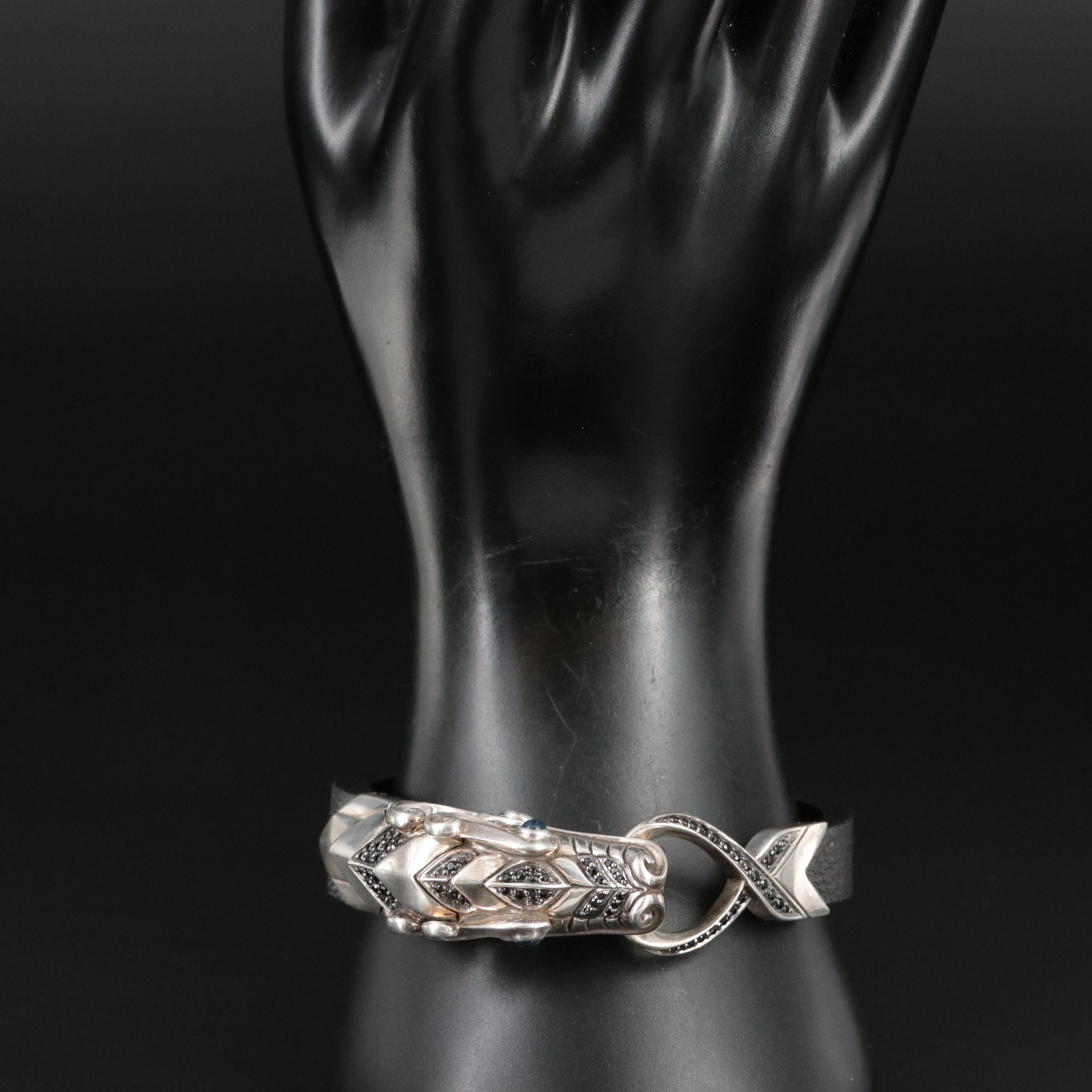 John Hardy Legends Naga Sterling and Black Spinel Leather Bracelet