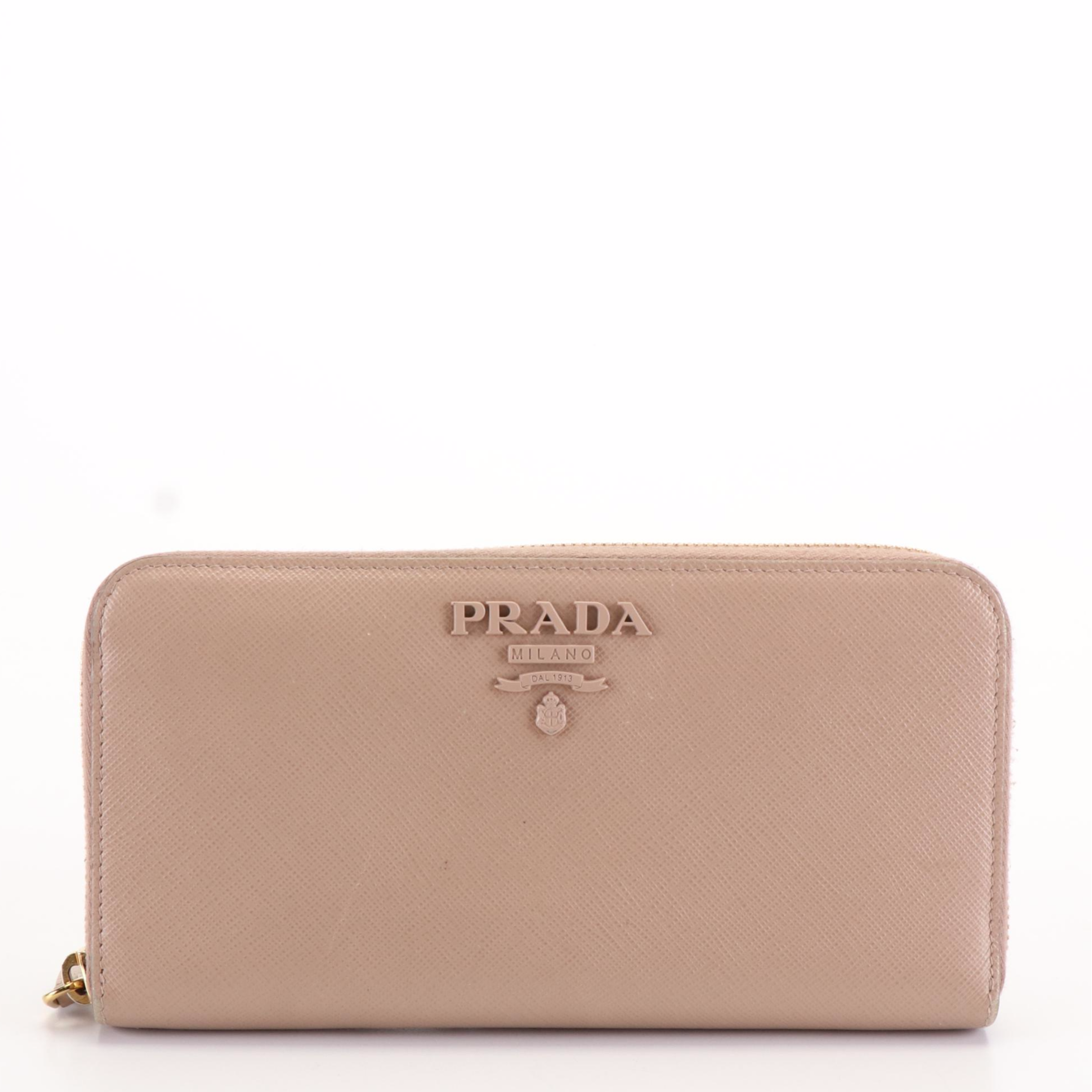 Prada Zip Around Continental Wallet in Neutral Monochrome Saffiano Shine Leather