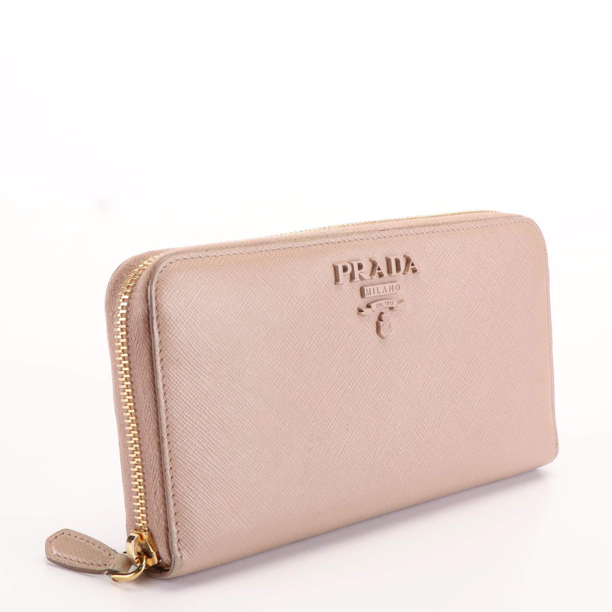 Prada Zip Around Continental Wallet in Neutral Monochrome Saffiano Shine Leather