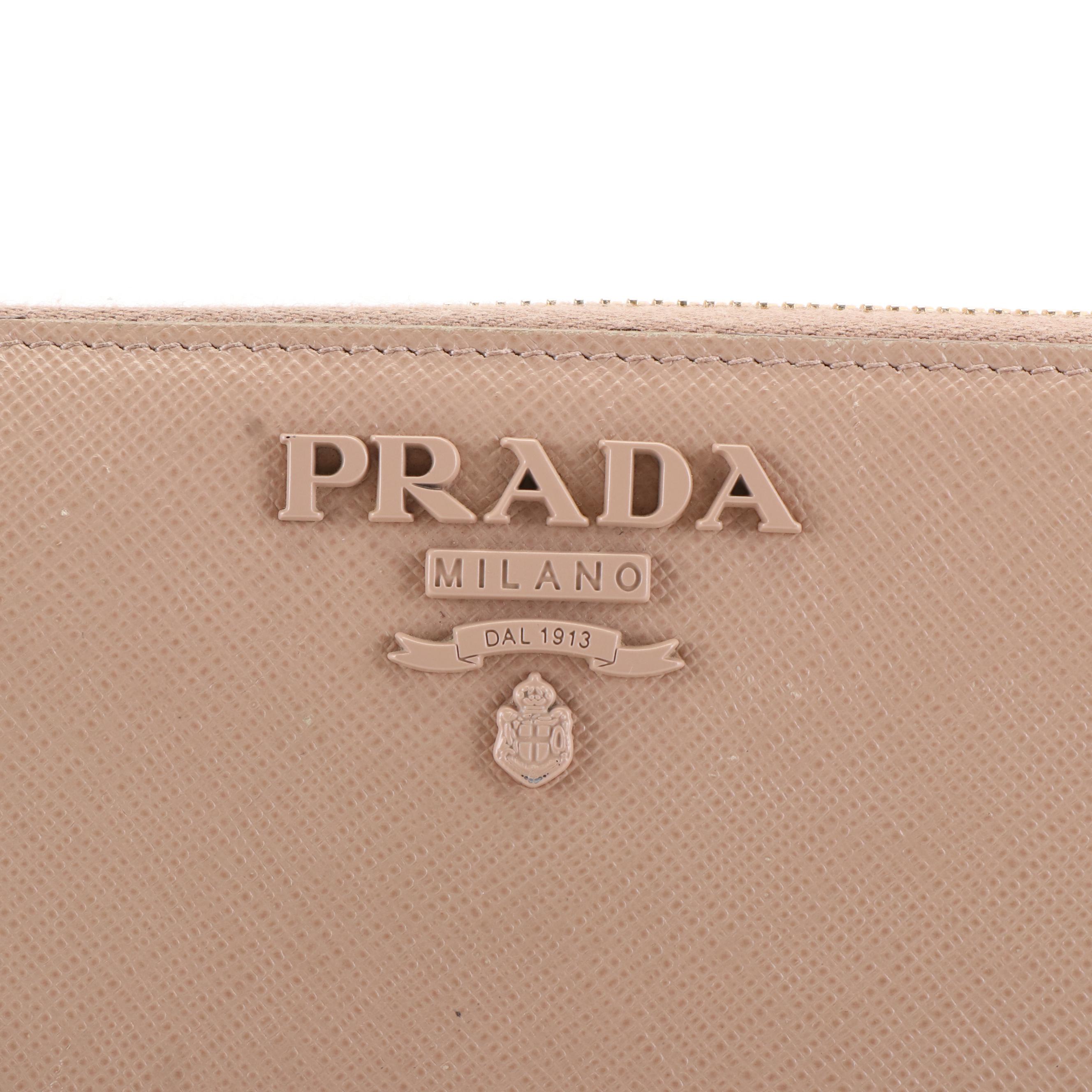 Prada Zip Around Continental Wallet in Neutral Monochrome Saffiano Shine Leather